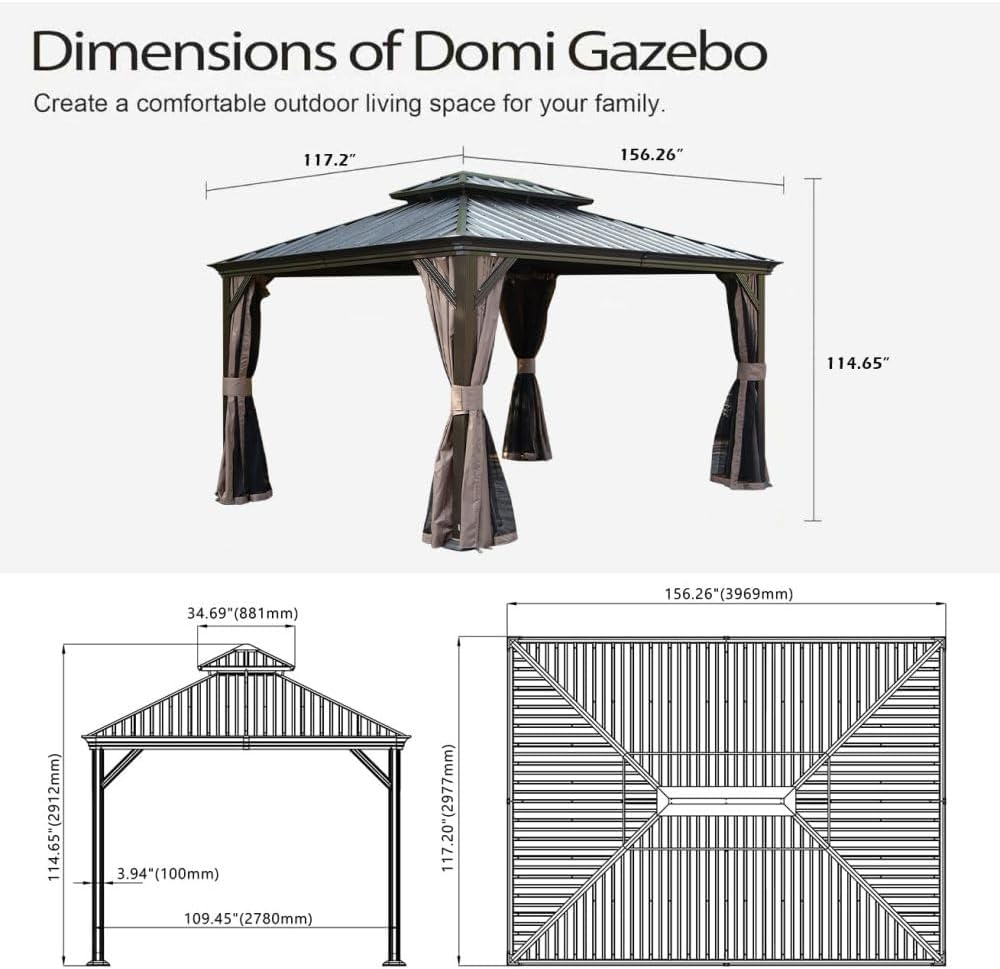 Hardtop Gazebo 10x13FT with Double Roof, Brown Metal Outdoor Gazebo for Patio - Includes Privacy Curtains & Netting, Water Resistant, Galvanized Steel Frame (130 Sq Ft)