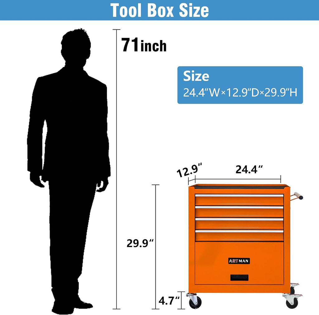 4 Drawers Tool Cart on Wheels, 4 Drawer Rolling Tool Chest, Trolley Organizer Tool Box Tool Case with 1 Cabinet, Multifunctional Tools Case for Garage,Warehouse,Workshop,Repair Shop (Orange)