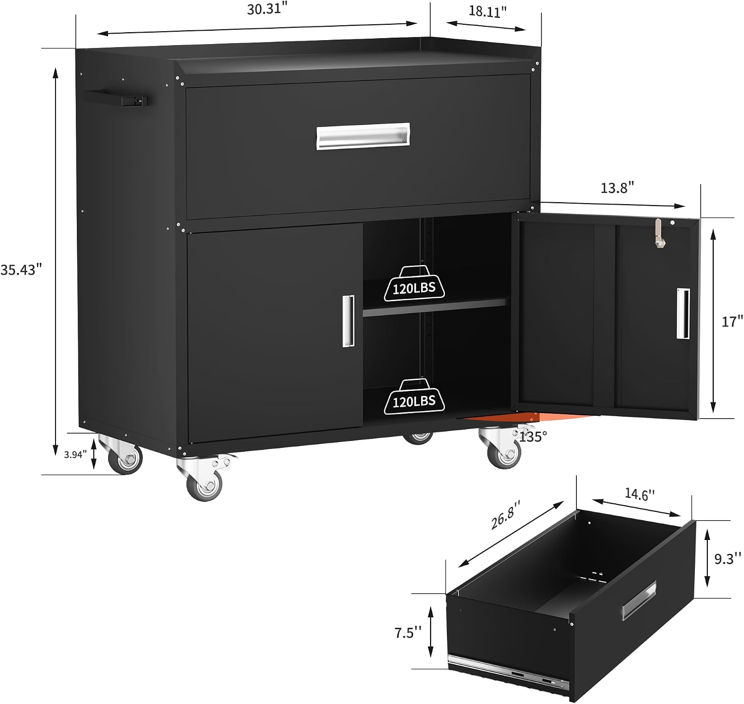 LCAOPC Metal Garage Storage Cabinet with Wheels, Lockable Rolling Tool Chest with Wheels, Tool Cabinet on Wheels, Metal Rolling Utility Cabinet for Home, Office, Garage and Workshop, Black