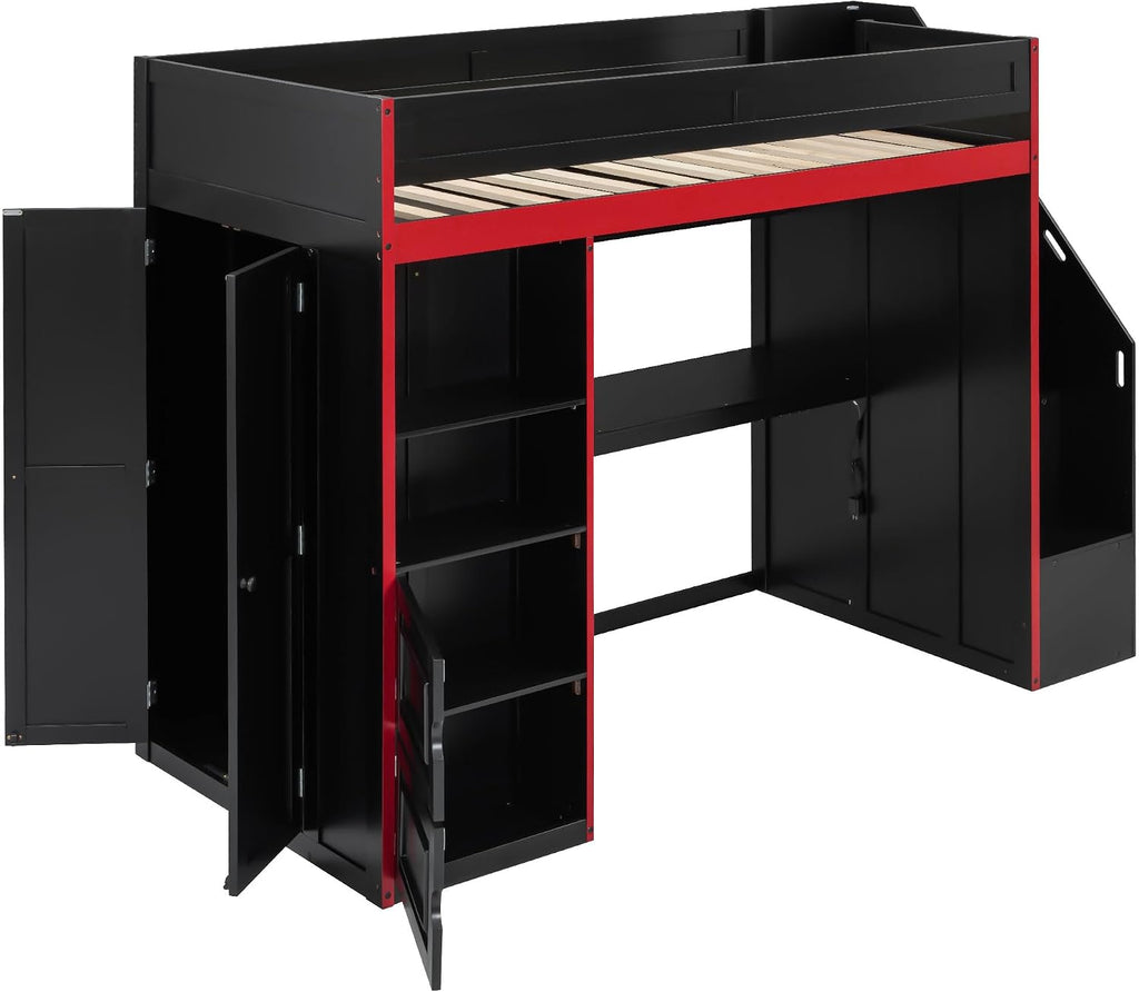 SOFTSEA Twin Size Gaming Loft Bed with Desk, Storage Stairs, LED Lights, Bookshelves & Wardrobe, Multifunctional Loft Bed for Kids Bedroom, No Box Spring Needed, Black Red