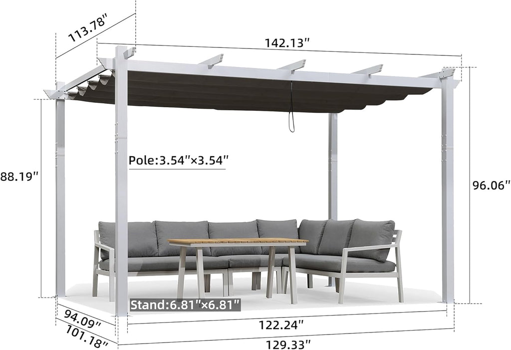 PURPLE LEAF 10' x 12' Outdoor Retractable Pergola Heavy-Duty Aluminum White Pergola with Sun Shade Canopy Patio Modern Shelter for Garden Yard Deck Grape Trellis, Grey