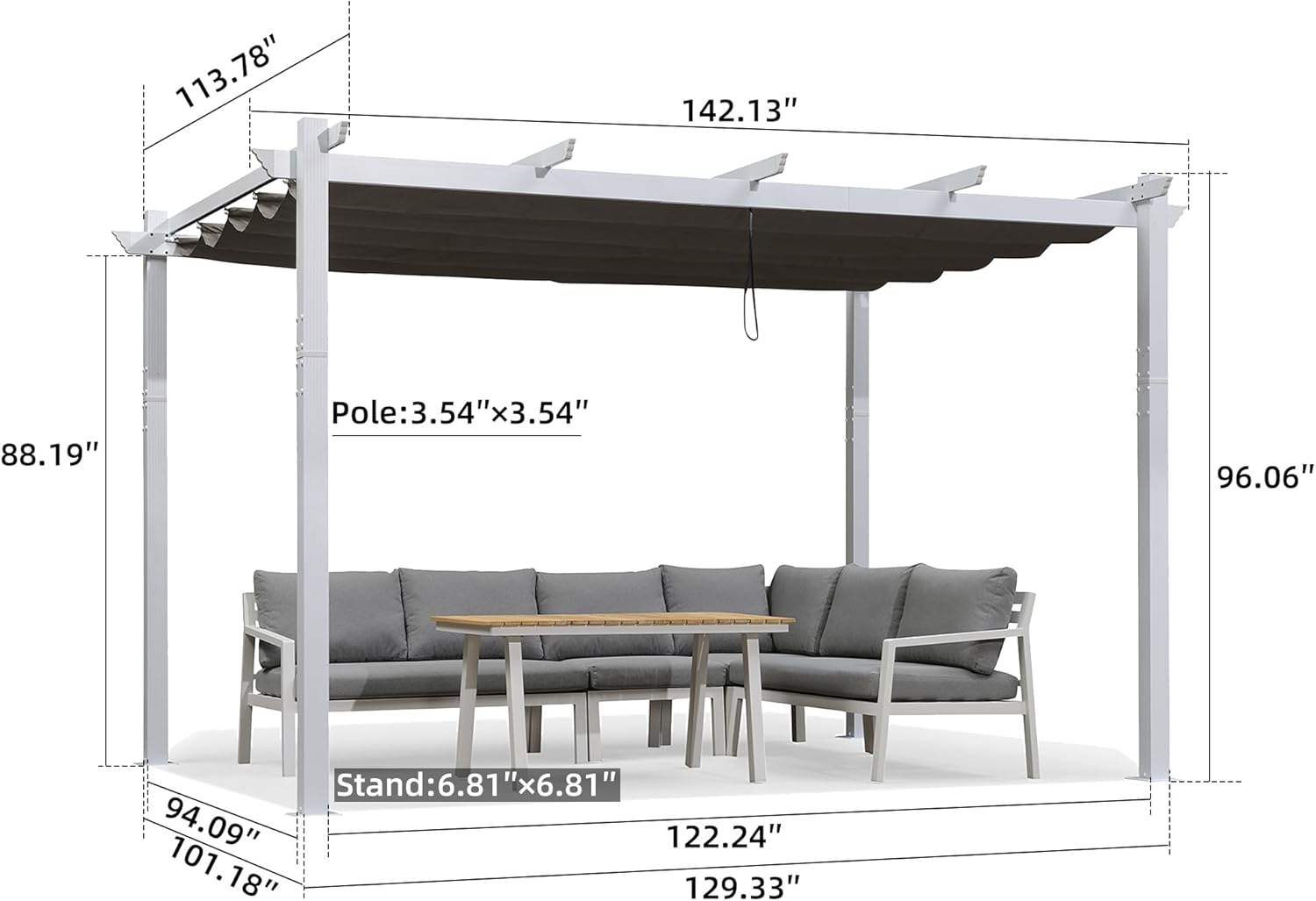 PURPLE LEAF 10' x 12' Outdoor Retractable Pergola Heavy-Duty Aluminum White Pergola with Sun Shade Canopy Patio Modern Shelter for Garden Yard Deck Grape Trellis, Grey