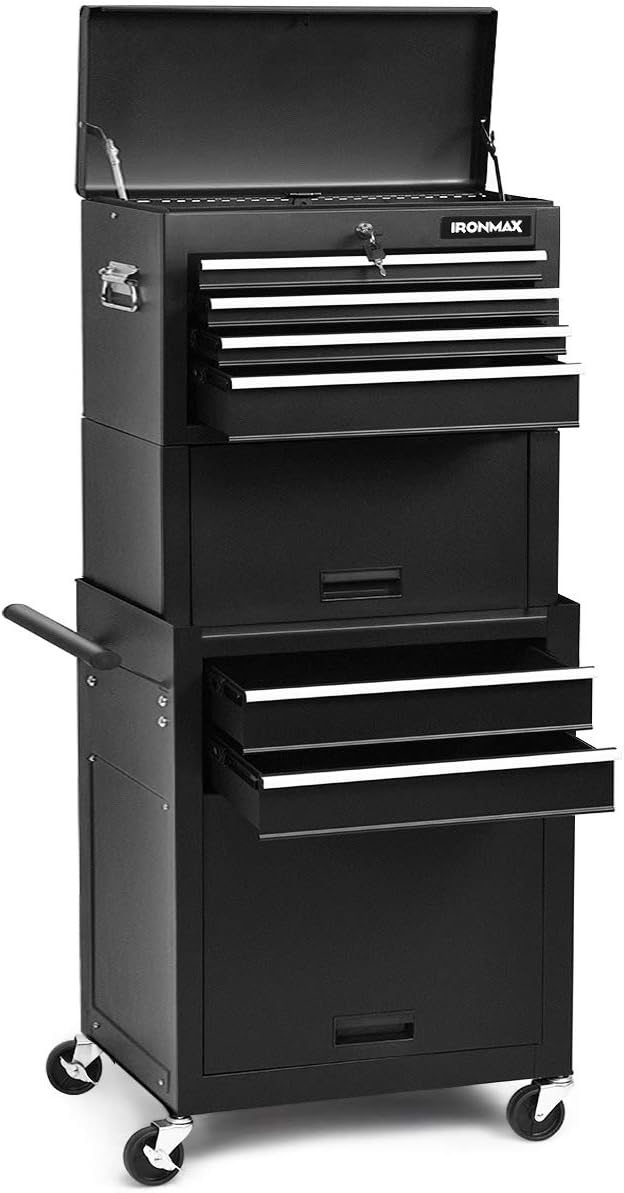 IRONMAX 6-Drawer Tool Cabinet on Wheels, Lockable 3 in 1 Heavy Duty Toolbox Organizer w/ 4 Universal Wheels & Hooks, Detachable Metal Tool Chest for Garage, Warehouse, Repair Shop (Black)
