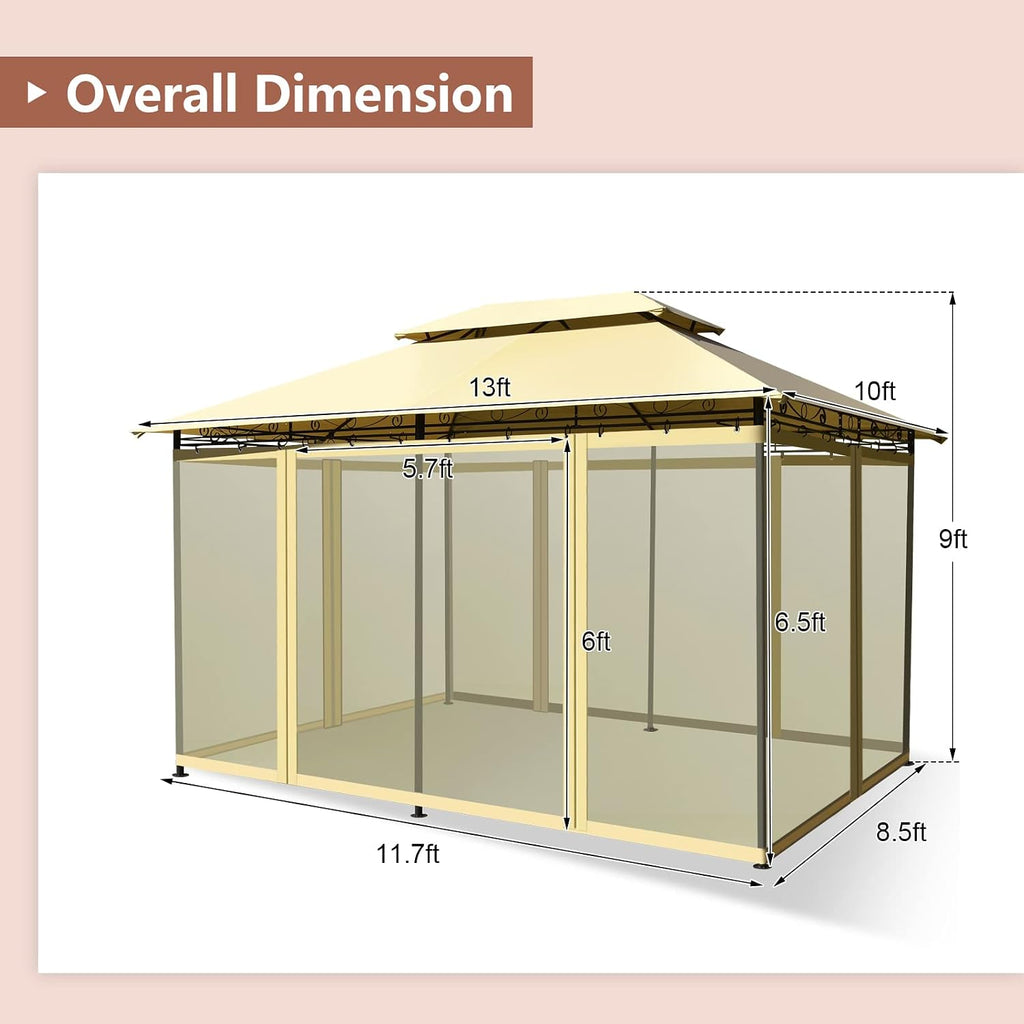 Tangkula 10 x 13 FT Patio Gazebo, 2-Tier Outdoor Gazebo with Removable Netting, Outdoor Patio Shelter with 130 Square Feet of Shade, Ideal for Backyard, Deck, Garden Beige