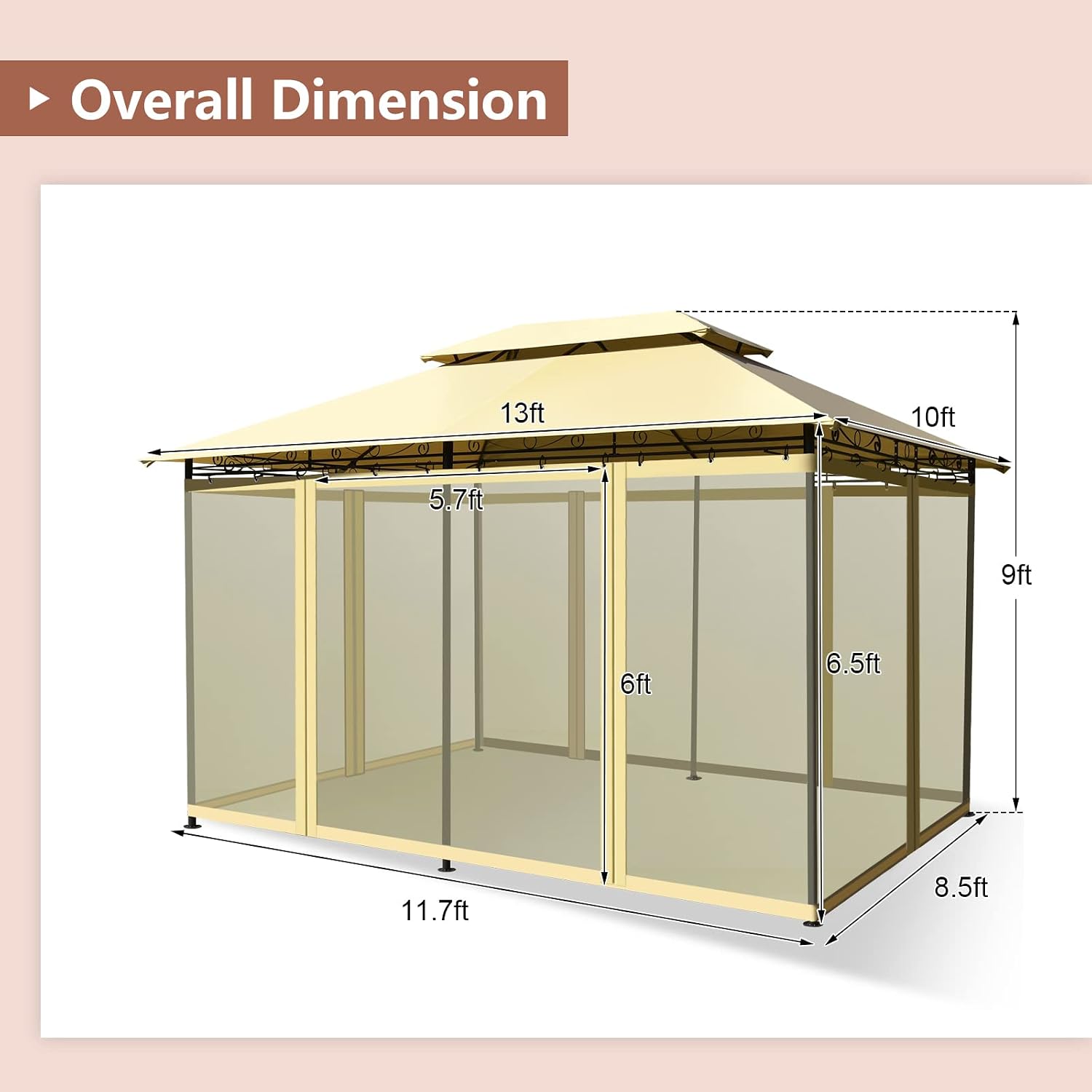Tangkula 10 x 13 FT Patio Gazebo, 2-Tier Outdoor Gazebo with Removable Netting, Outdoor Patio Shelter with 130 Square Feet of Shade, Ideal for Backyard, Deck, Garden Beige