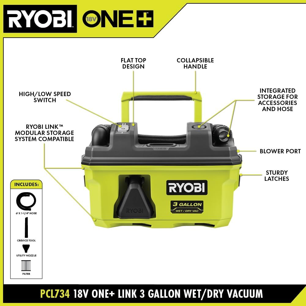 RYOBI ONEAND 18V Link Cordless 3 GAL. Wet/Dry Vacuum Tool ONLY PCL734B