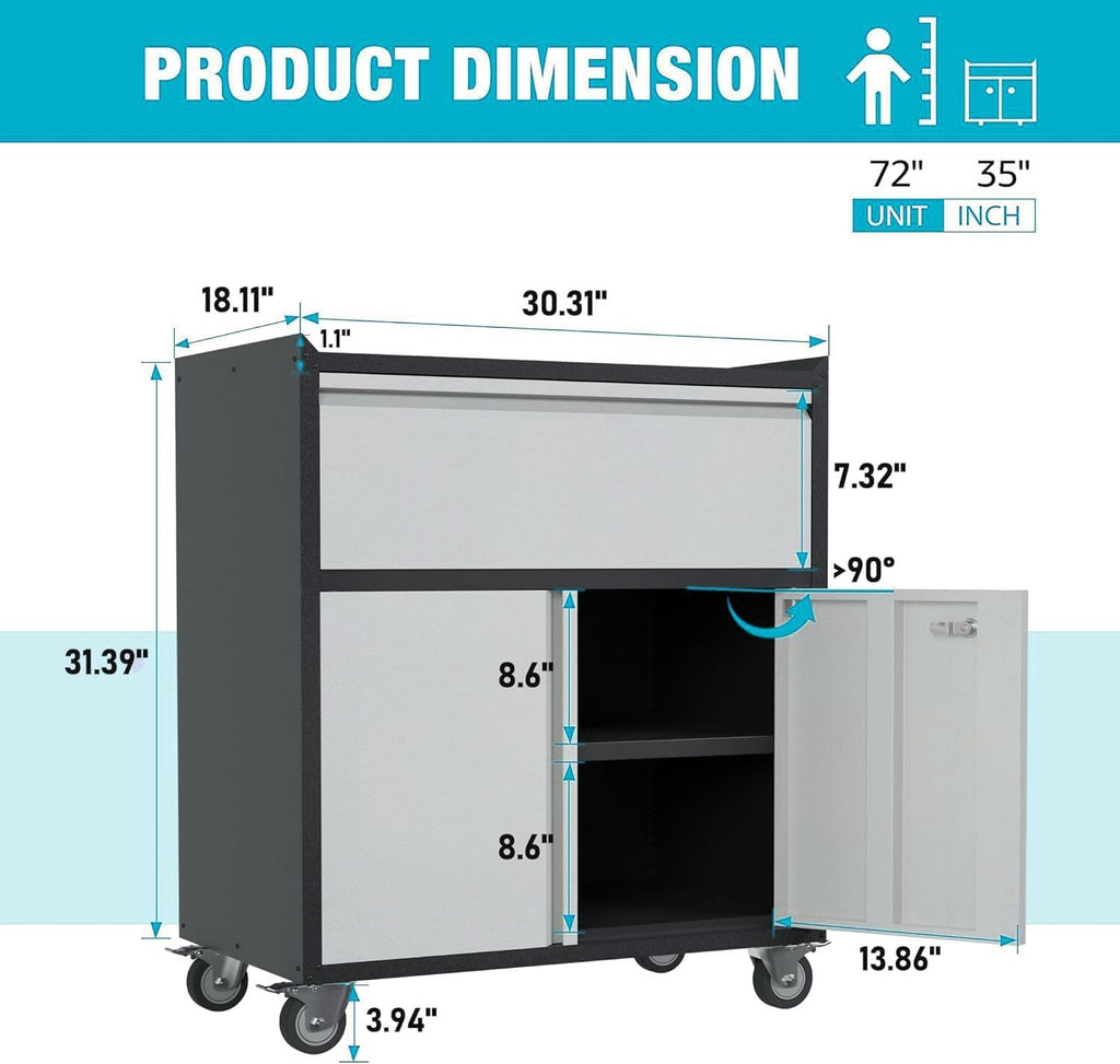 Rolling Garage Storage Cabinet with Door and Drawer, Lockable Metal Tool Cabinet on Wheels for Garage, Home, Office, Black & Gray, Assembly Required, (18.11' D x 30.31' W x 35.43' H)