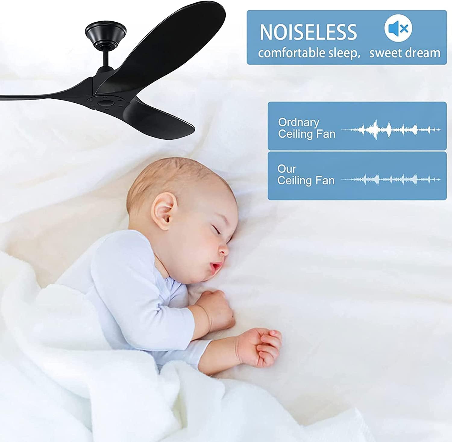Black Ceiling Fan 52 Inch Outdoor Ceiling Fan for Patios, Modern Wood Ceiling Fan No Light with Remote, 3 Blade Large Airflow Indoor Outdoor Commercial Fan for Exterior House Porch Gazebo