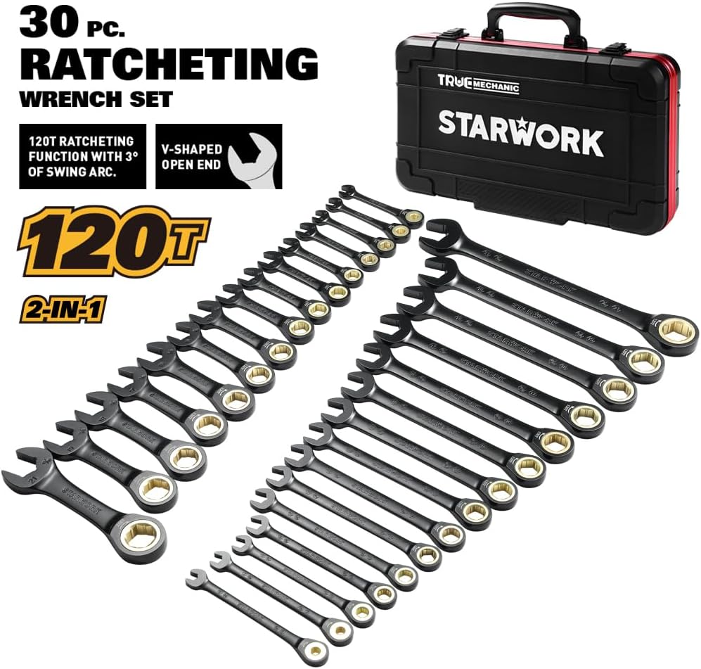 STARWORK TRUE MECHANIC™ 30-Piece 2-IN-1 Ratcheting Wrench Set, 120-Tooth, SAE&Metric, Gift Series with Black case, Professional