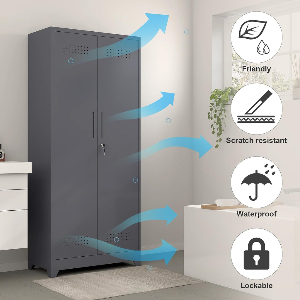 GREATMEET 72.8' H Tall Metal Garage Storage Cabinet for Cleaning Tools, Lockable Double Door Utility Organizer with Pegboard & Tool Hanging Bars, Grey