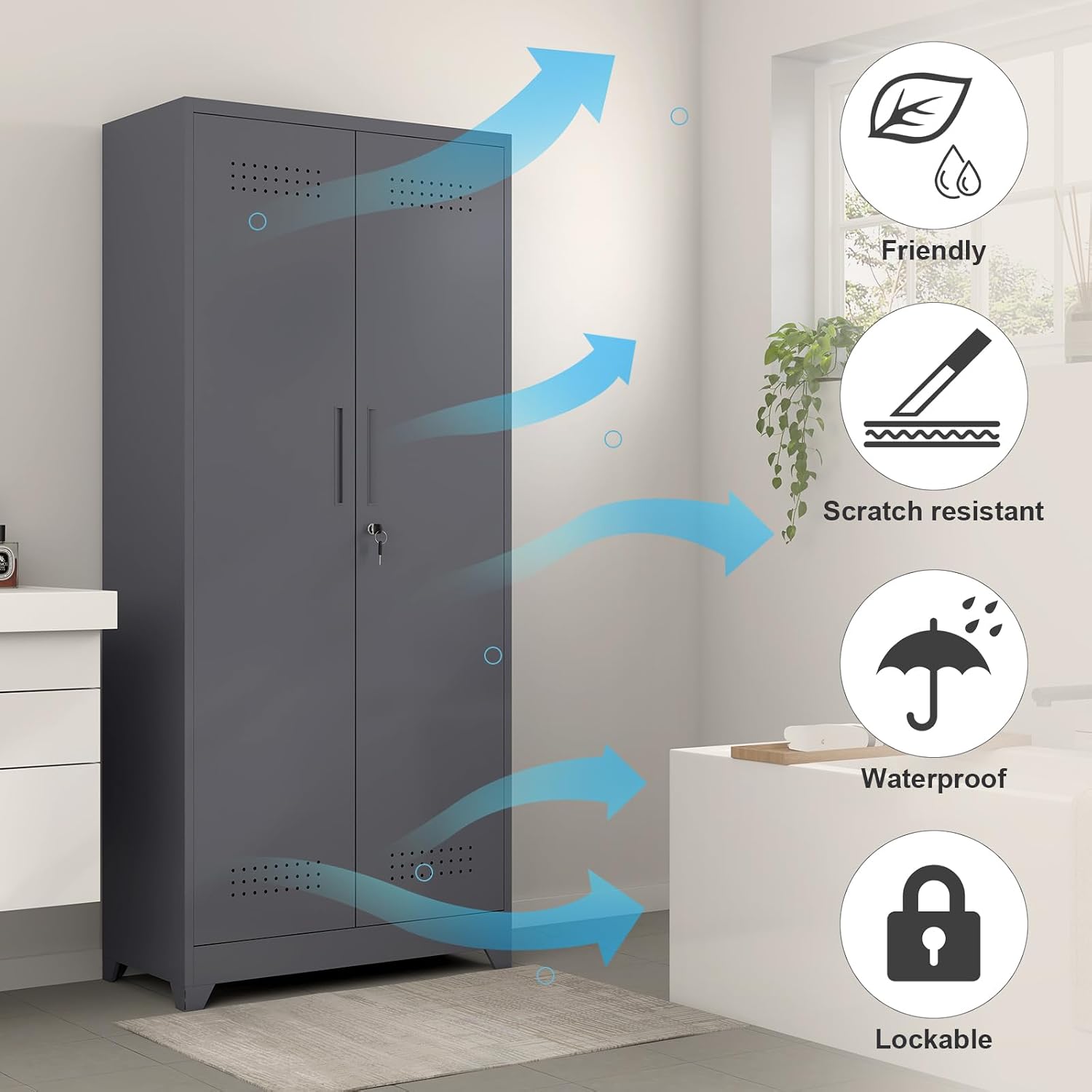 GREATMEET 72.8' H Tall Metal Garage Storage Cabinet for Cleaning Tools, Lockable Double Door Utility Organizer with Pegboard & Tool Hanging Bars, Grey