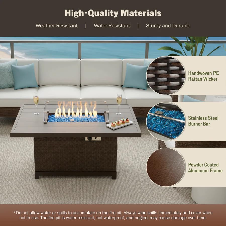 52-Inch Propane Fire Pit Table Rectangular 50,000 BTU Outdoor Gas Fire Pit for Patio & Backyard Aluminum Frame 2-in-1 Firepit Dining Table with Glass Wind Guard Rain Cover and Blue Glass Rocks Brown