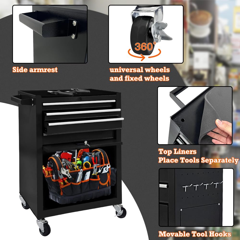 13 Drawers Tool Chest with Wheels,Large Capacity Tool Storage Cabinet with Removable Top Toolbox, Locking Mechanical Tool Cart with Liner,Suitable for Garages, Warehouses-Black