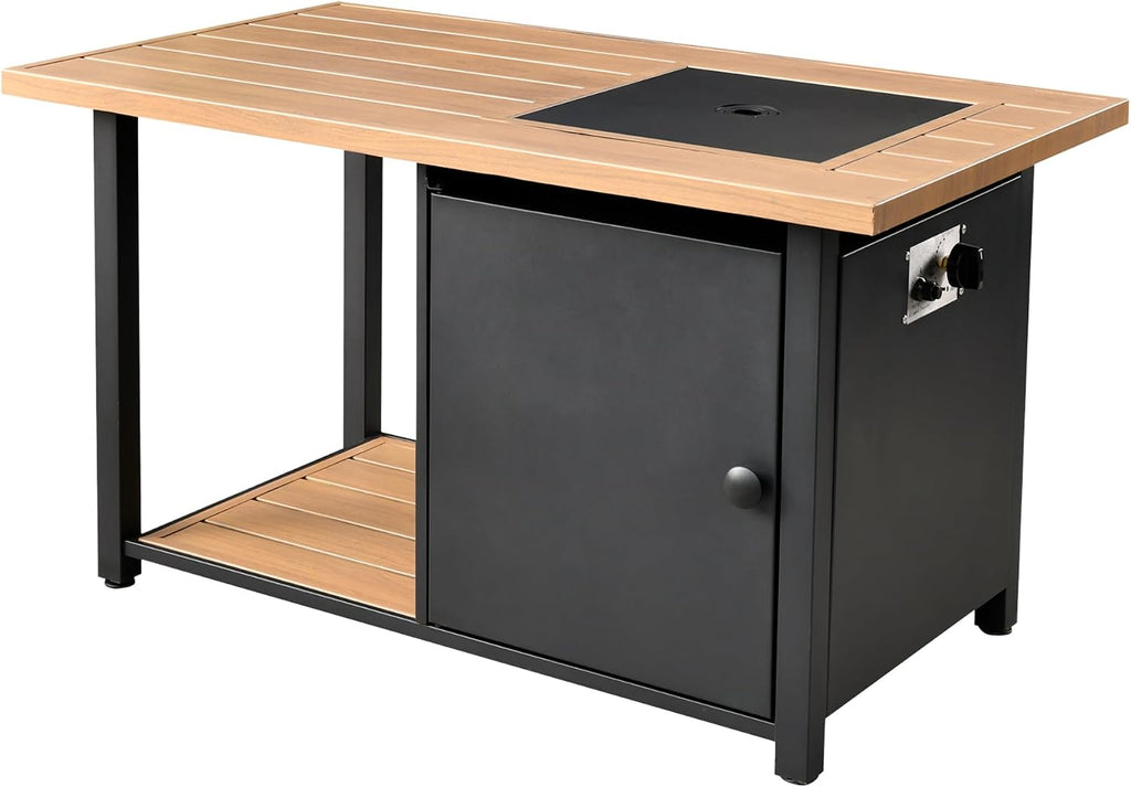 OVIOS 46 Inch Outdoor Patio Fire Pit Table, 50,000 BTU Heater Metal Steel Frame Propane Firepits with Storage Space, Wood-Like Tabletop, Waterproof Cover, Lid, Lava Rock, Black