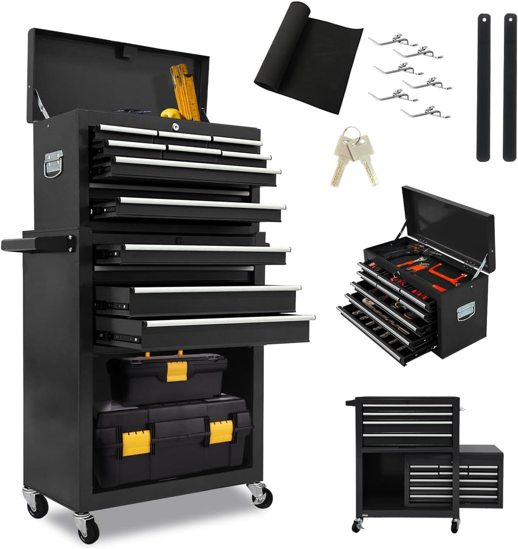 13 Drawers Tool Chest with Wheels,Large Capacity Tool Storage Cabinet with Removable Top Toolbox, Locking Mechanical Tool Cart with Liner,Suitable for Garages, Warehouses-Black