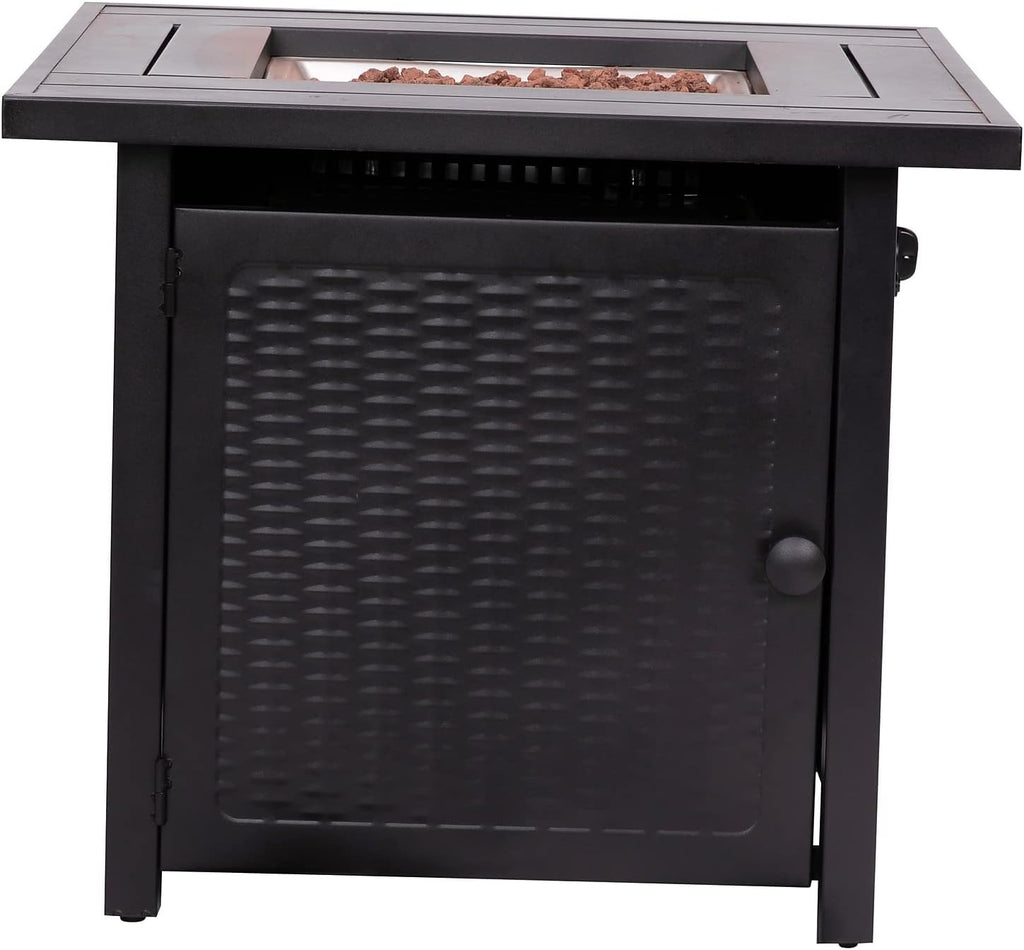Flash Furniture Olympia 50,000 BTU Outdoor Propane Gas Fire Pit Table - Black Stainless Steel Tabletop and Steel Wicker Detail Base - 28' Square - Included Lava Rocks
