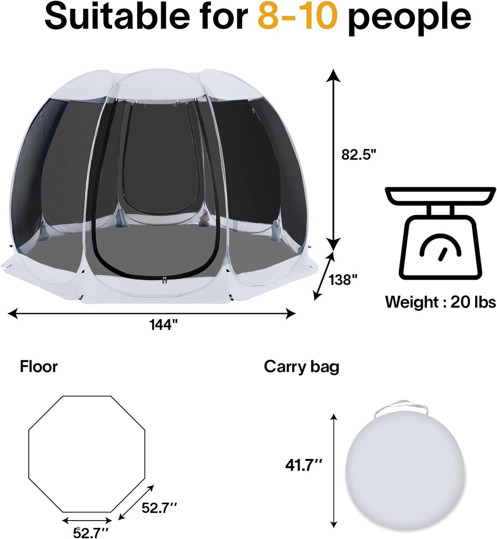 Alvantor 12'x12' Pop Up Screen House Tent, Instant Outdoor Gazebo with Mosquito Netting & UPF 50+ Sun Protection, Portable Canopy Shelter for Patio, Backyard, Camping (8-10 Person),Grey