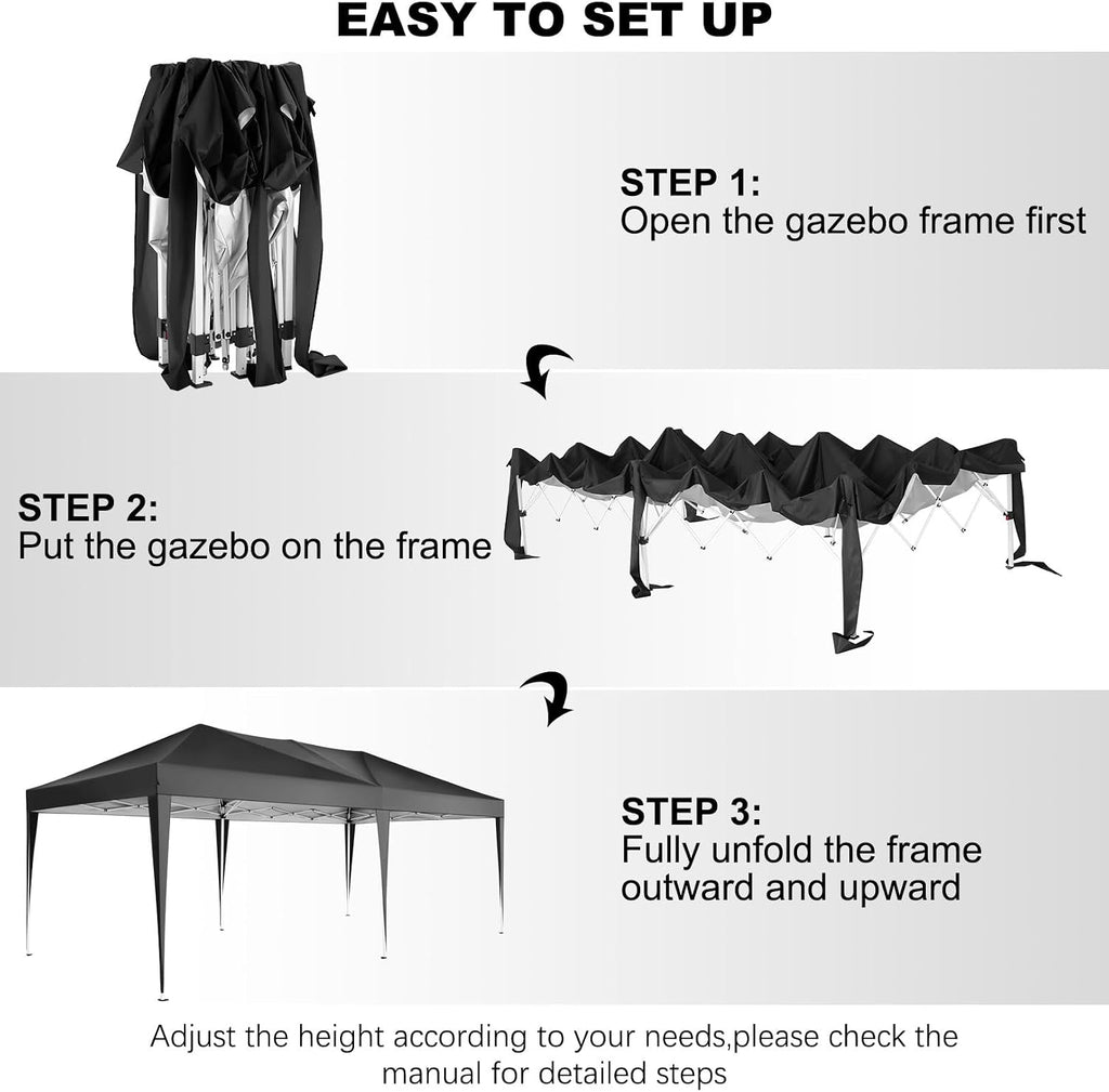 COBIZI 10x20 Pop Up Canopy Tent Party Tents for Parties Weddings Backyard Waterproof Outdoor Commercial Instant Canopy Event Tent with Stakes, Ropes,Sandbags, Black