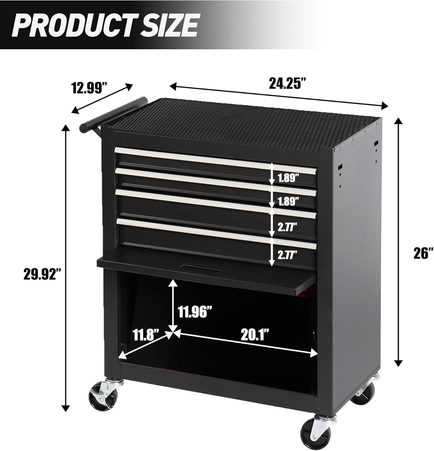 4 Drawers Tool Cart on Wheels, Multifunctional Rolling Tool Chest with 1 Cabinet, Drawers Rolling Tool Storage Case for Garage, Warehouse, Workshop, Repair Shop (4 Drawers-29.9' H-Black)