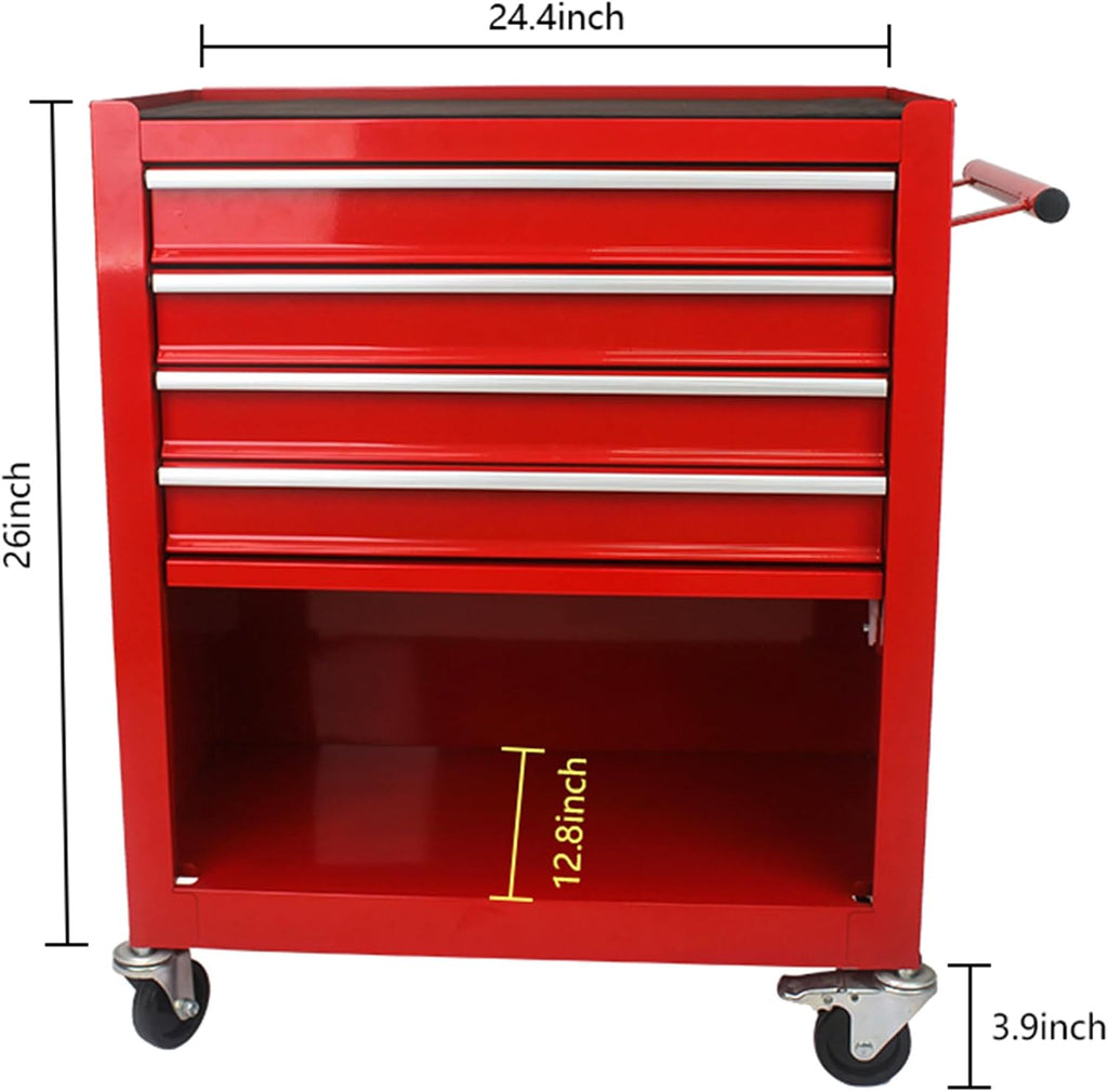 Campfun 4-Drawer Rolling Tool Cart, Metal Tool Storage Organizer Cabinet with Interlock System and Wheels, Multifunctional Mechanic Tool Chest for Garage, Warehouse, Workshop Repair Shop, Red
