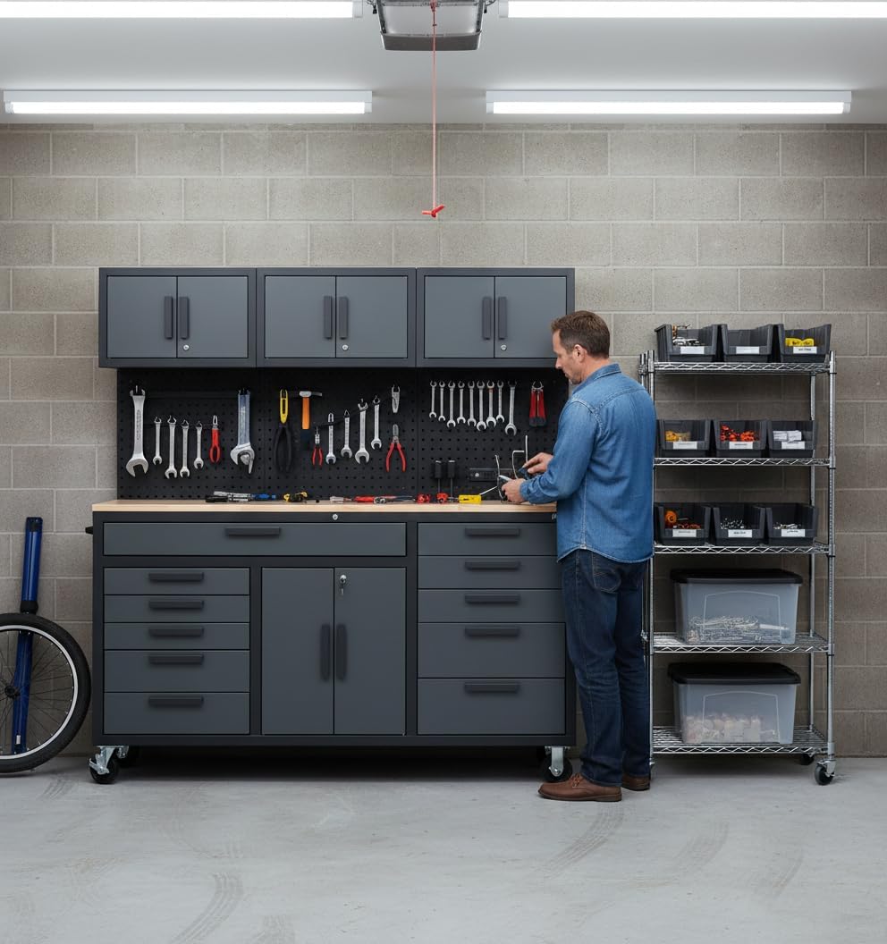 72in Rolling Tool Chest Cabinet Mobile Garage Workbench Heavy-Duty Tool Cabinet on Wheels with 11 Drawers, 2-Door Cabinet, 3 Top Cabinet, Pegboard & Power Strip for Tool Organization