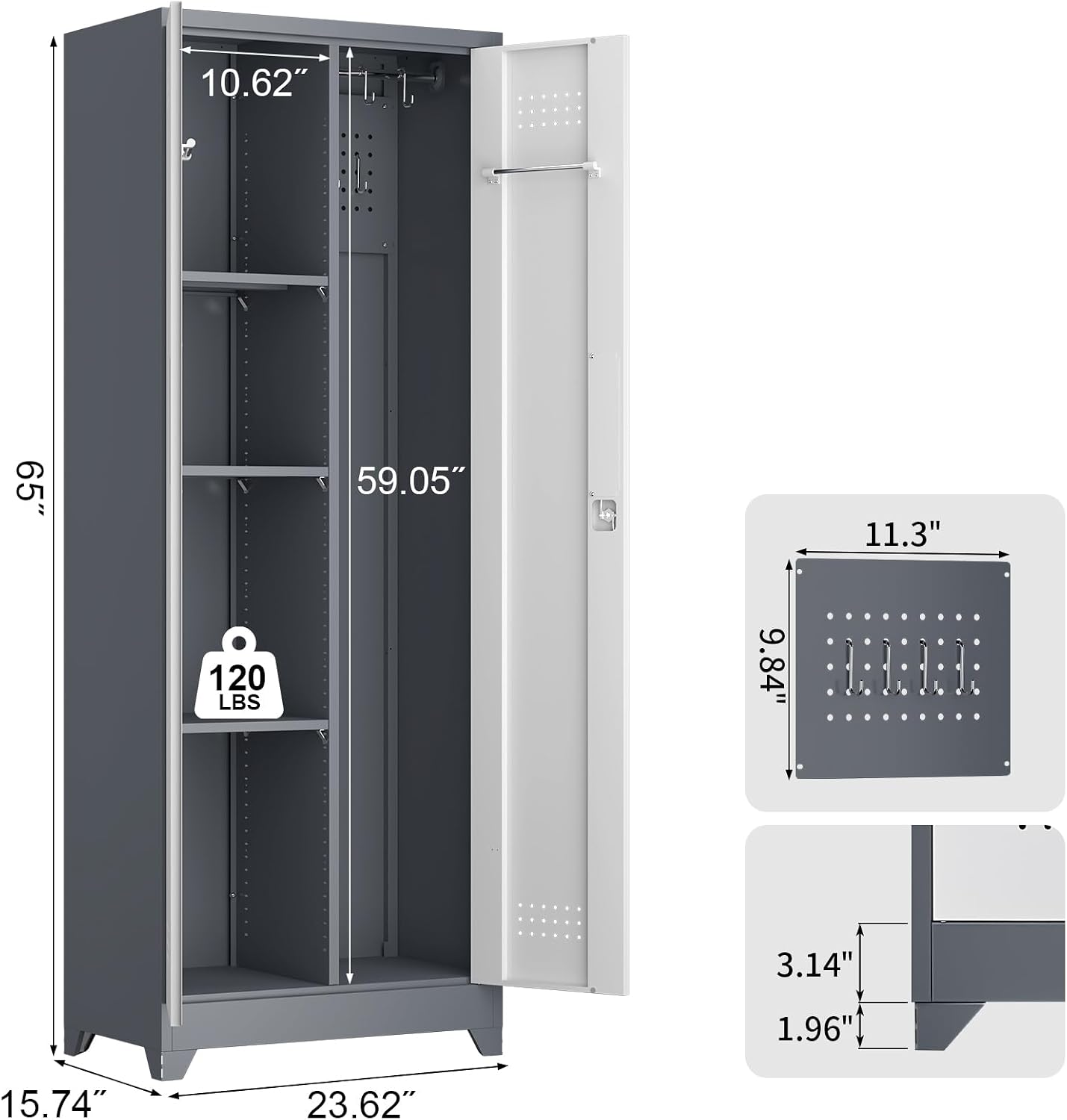 65' H Metal Garage Storage Cabinets with Doors and Shelves, Locking Cabinet, Broom Closet Storage Cabinets with Hanging Rod, Functional Tool Cabinet for Home, Garage, Kitchen