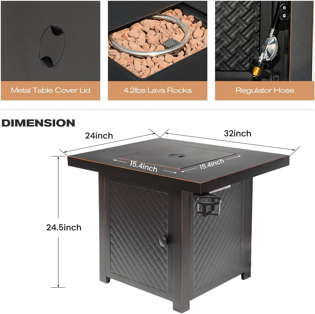 Verdeluxe 32'' Propane Fire Pit,50000 BTU Gas Firepit Table with 2 Drink Holders, Lid & Lava Rock,Outdoor Fire Pit Table for Dining or Party,Propane Firepits for Outside,Patio,Yard