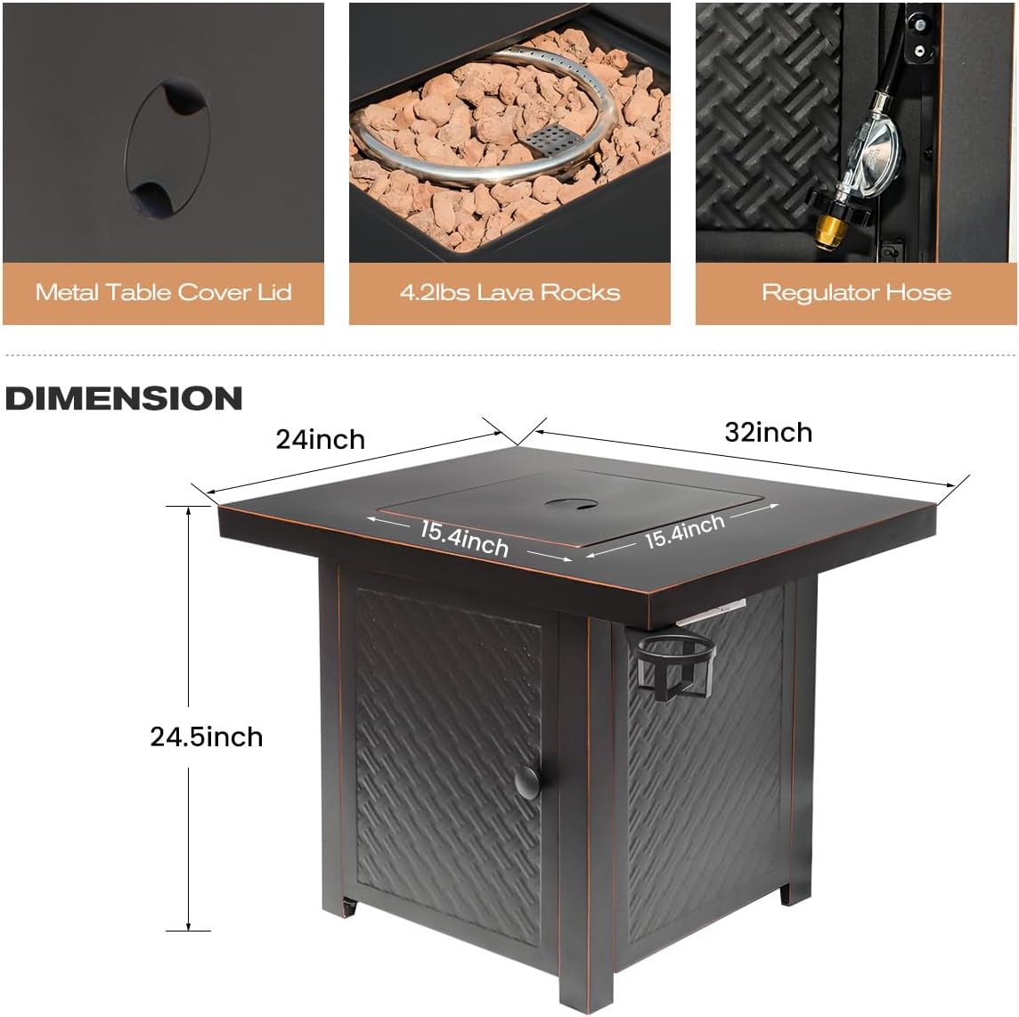 Verdeluxe 32'' Propane Fire Pit,50000 BTU Gas Firepit Table with 2 Drink Holders, Lid & Lava Rock,Outdoor Fire Pit Table for Dining or Party,Propane Firepits for Outside,Patio,Yard