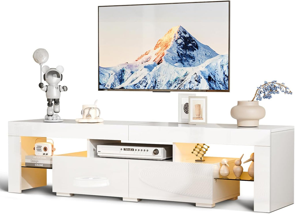 Bonnlo 63' LED TV Stand, Modern White Entertainment Center with Storage and LED Lights for 55/60/65/70 Inch TVs, High Gloss Design for Living Room and Bedroom (White, 63'' x 14'' x 18'')