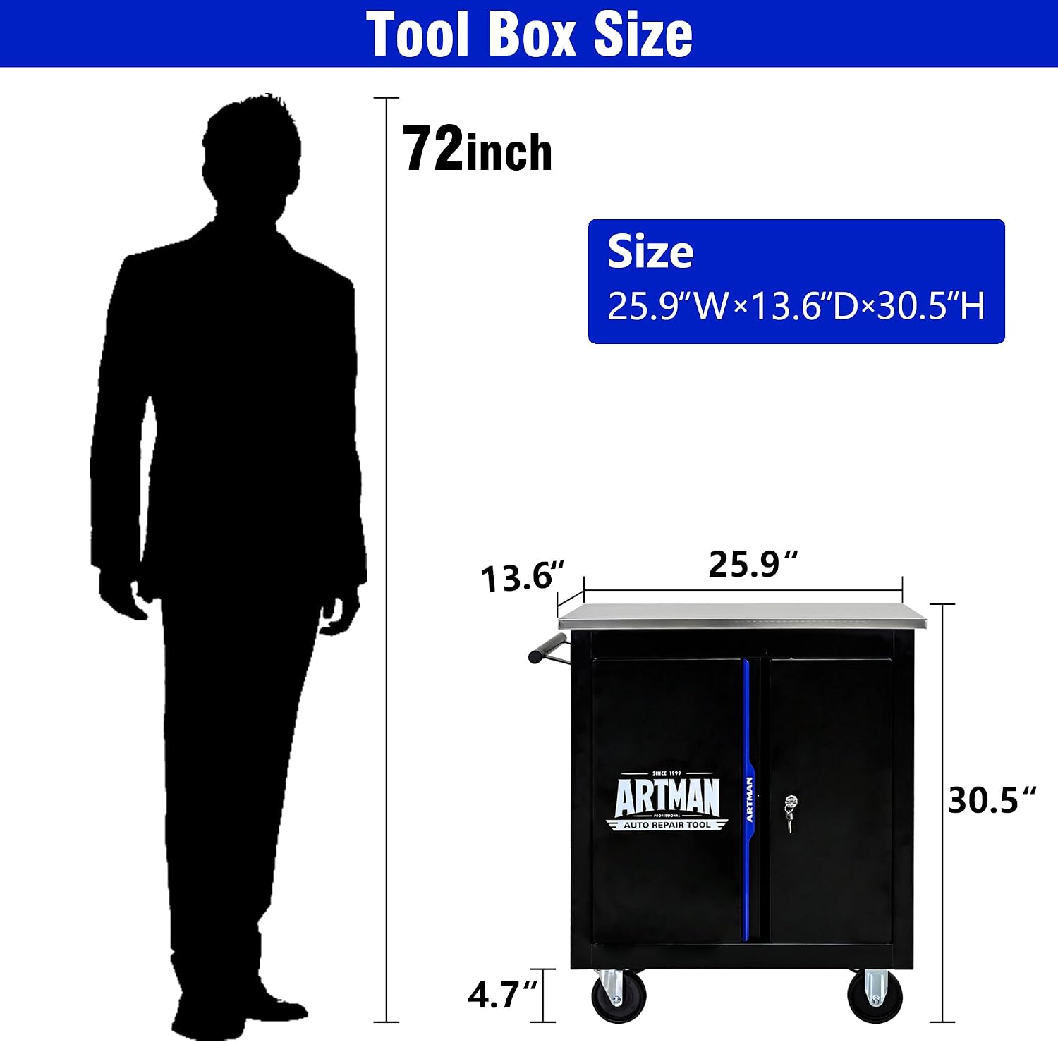 1 Cabinet Tool Cart on Wheels with Stainless Steel Worktop, Heavy Duty Mobile Rolling Drawer Tool Chest with Secure Locking System & Locking Wheels for Garage,Warehouse,Workshop (Black&Blue)