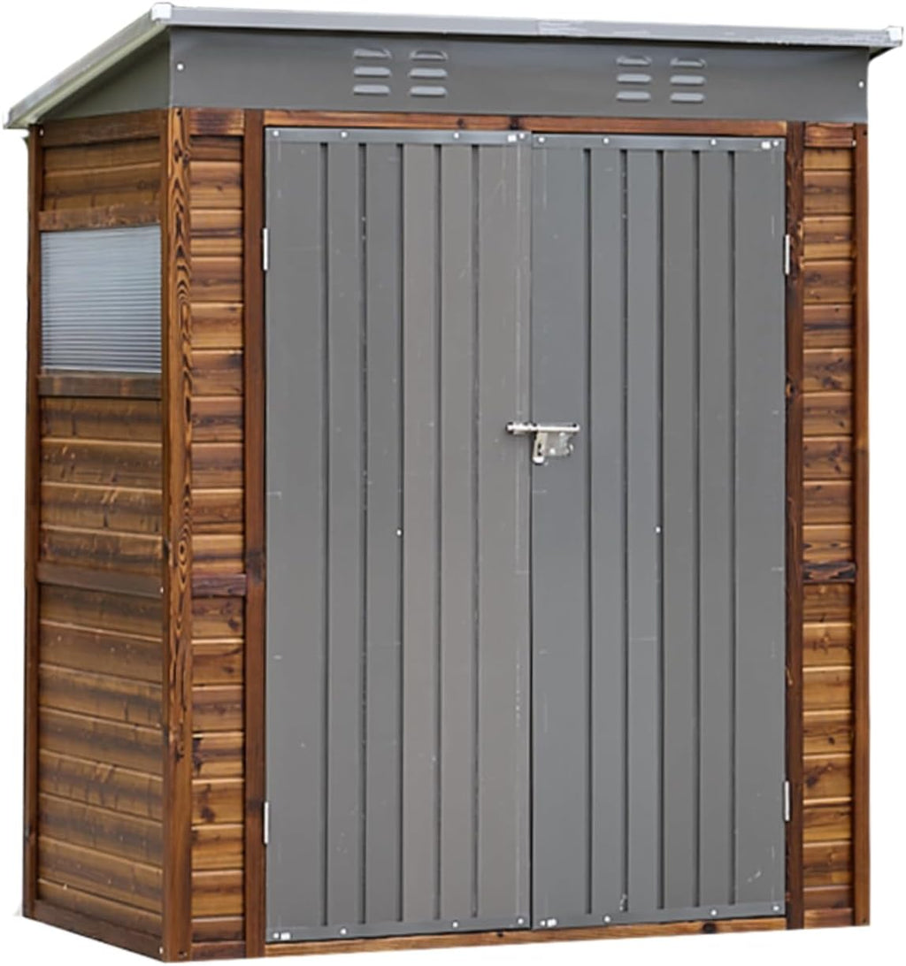 3x5 FT Outdoor Tool Shed, Wood-Iron Combination Storage Shed with Ventilation, Weather-Resistant Roof, Lockable Doors & Wood Grain Finish for Backyard and Garden