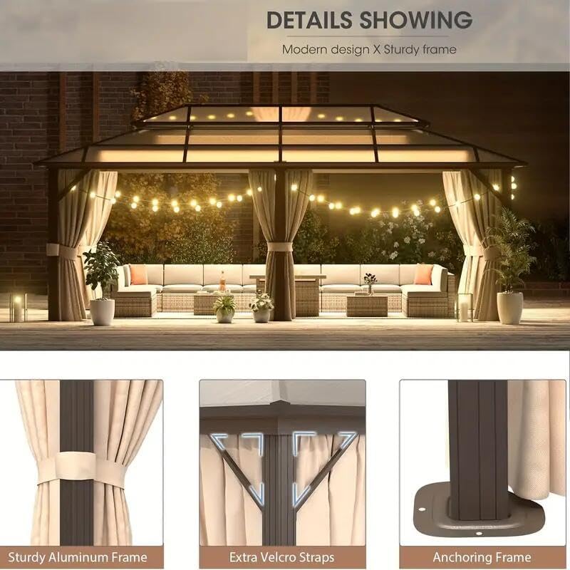 TFORESTER Hardtop Gazebo 12x20FT Hardtop Gazebo, Aluminum Frame Permanent Pavilion with Curtains and Netting, Outdoor Polycarbonate Gazebo, Double Roof Canopy, for Gardens, Patios, Lawns