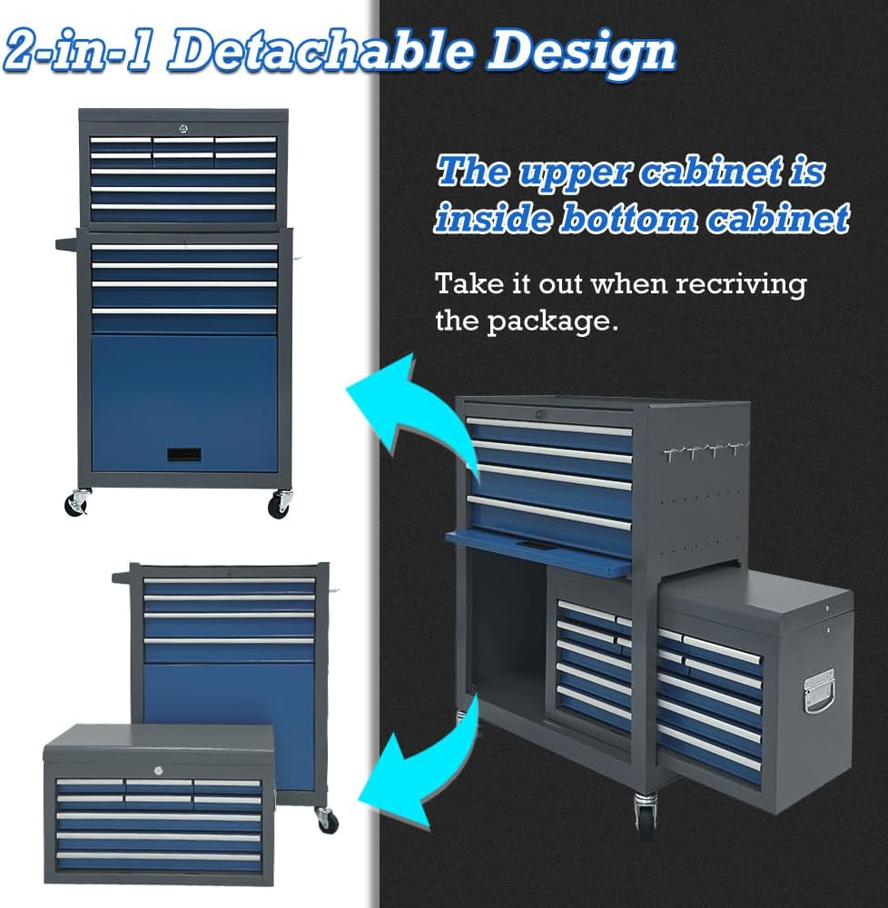 13 Drawers Tool Chest with Wheels,Large Capacity Tool Storage Cabinet with Removable Top Toolbox, Locking Mechanical Tool Cart with Liner,Suitable for Garages, Warehouses-Blue&Grey