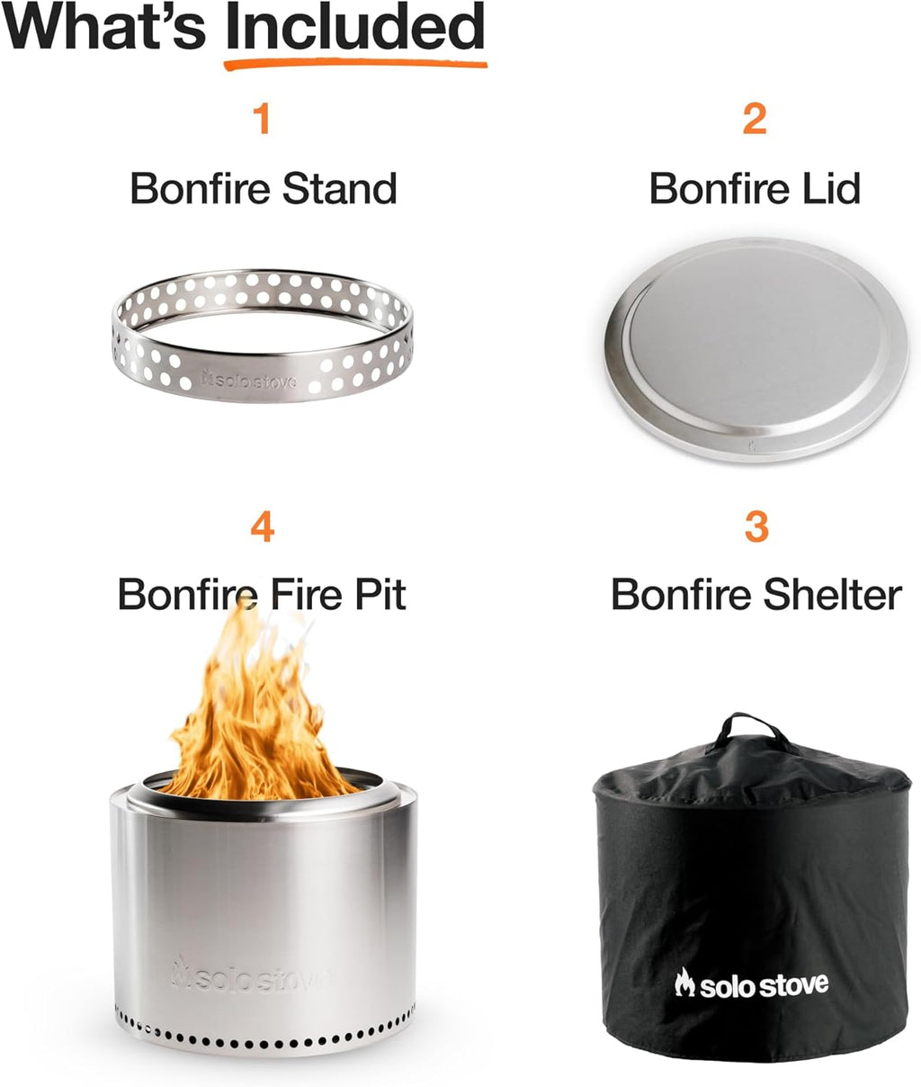 Solo Stove Bonfire Amazon Exclusive | Smokeless Fire Pit Bundle with Stand, Lid, Shelter & Ash Pan | Ideal for 4–6 People | Stainless Steel Wood Burning Camping Pit – 19.5' Wide, 34lbs