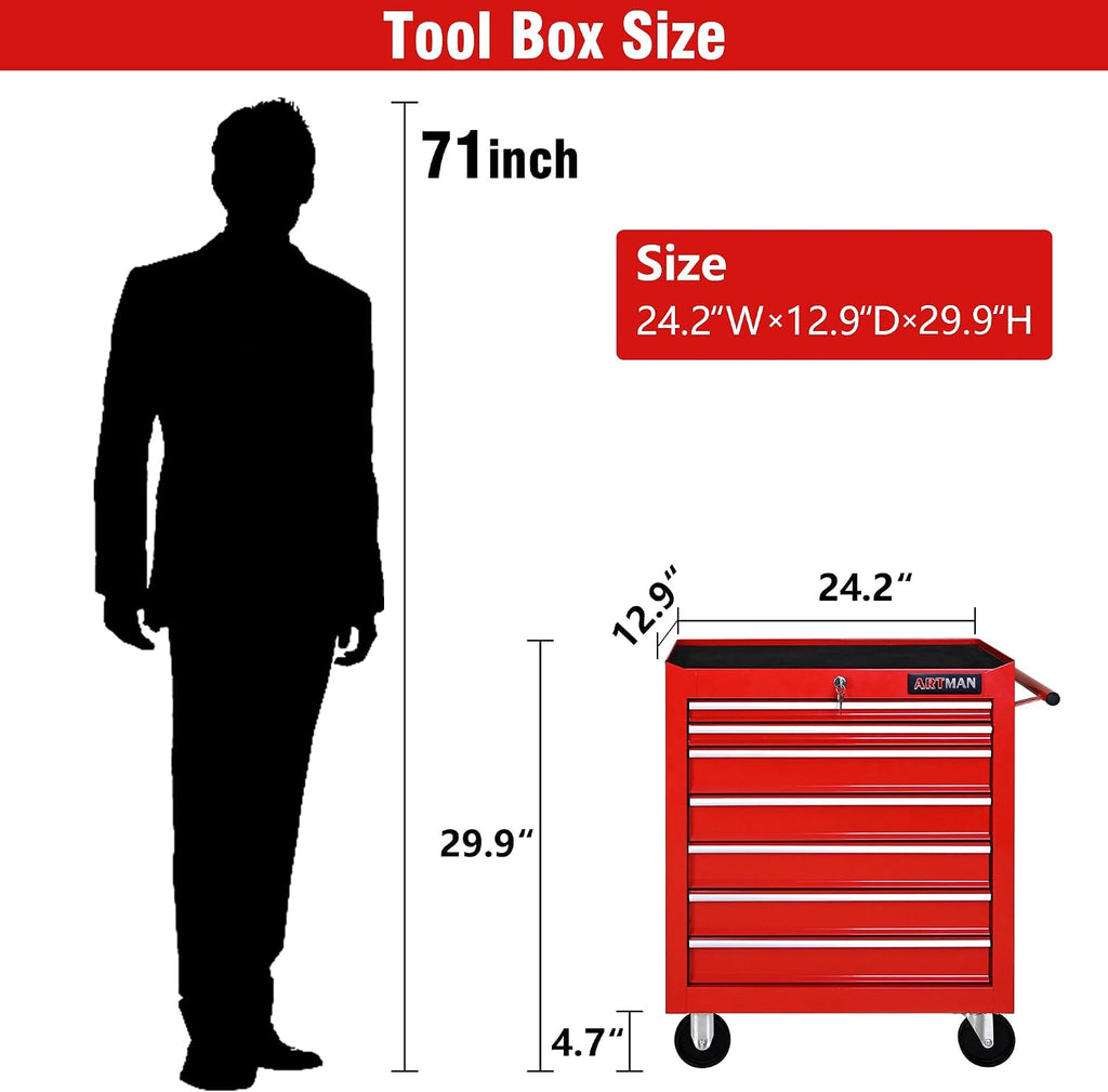 7 Drawers Tool Cart on Wheels, 7 Drawer Rolling Tool Chest with Key Lock, Trolley Organizer Tool Case, Multifunctional Rolling Tool Box for Garage,Warehouse,Workshop,Repair Shop (Red)