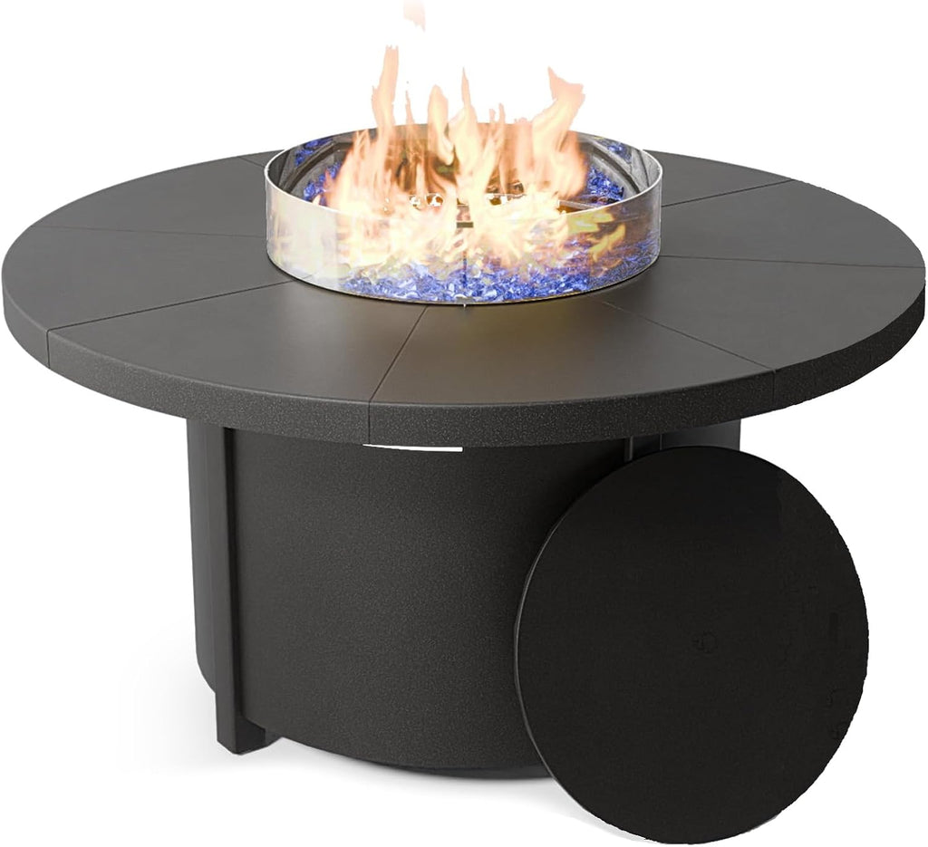 48' Round Propane Fire Pit Table with Lid, 40,000 BTU Outdoor Gas Fire Pits CSA Certified for Outside Steel Tabletop Fire Pit with Blue Glass Rock&Windshield Glass for for Patio, Balcony,Garden
