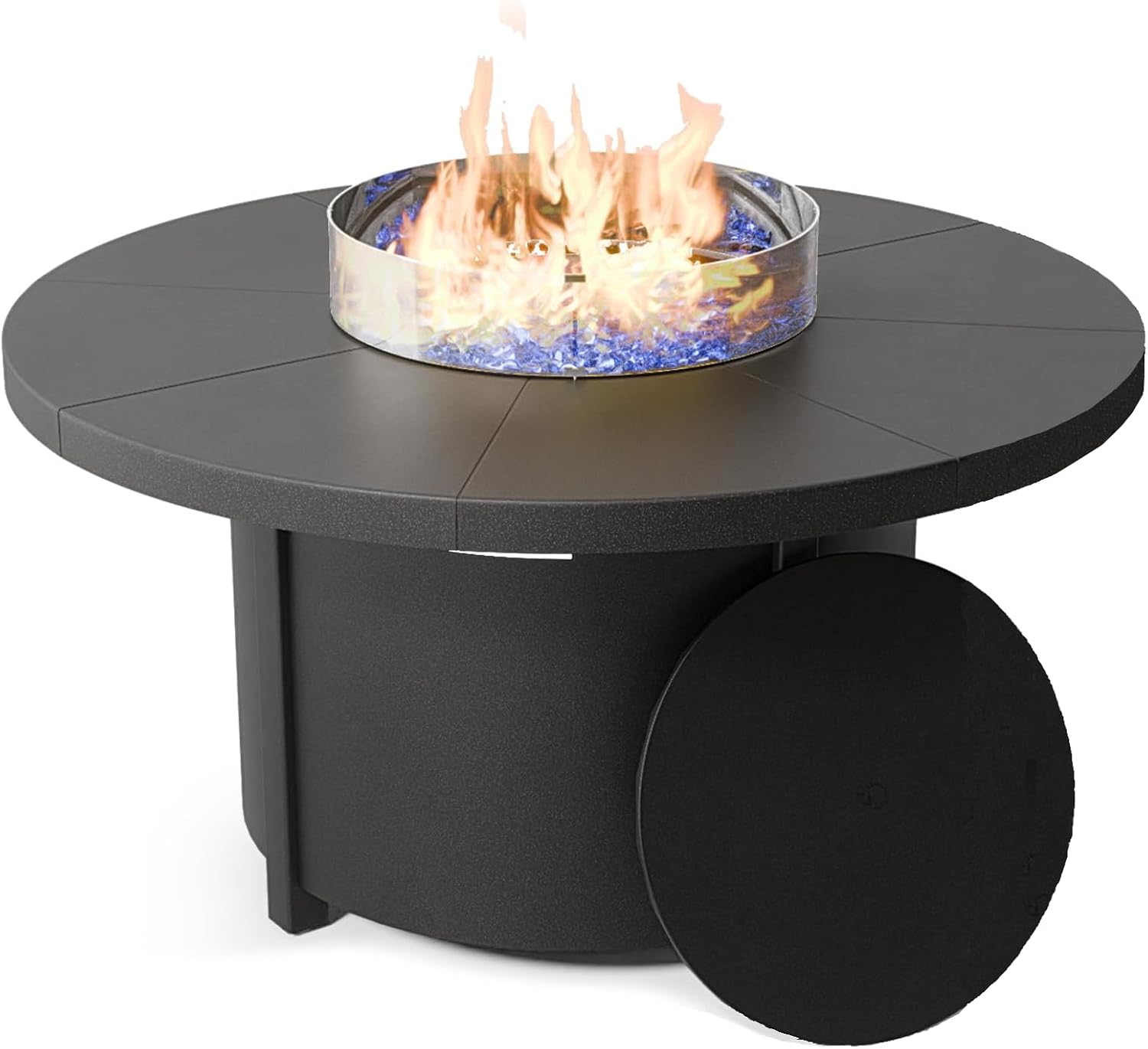 48' Round Propane Fire Pit Table with Lid, 40,000 BTU Outdoor Gas Fire Pits CSA Certified for Outside Steel Tabletop Fire Pit with Blue Glass Rock&Windshield Glass for for Patio, Balcony,Garden