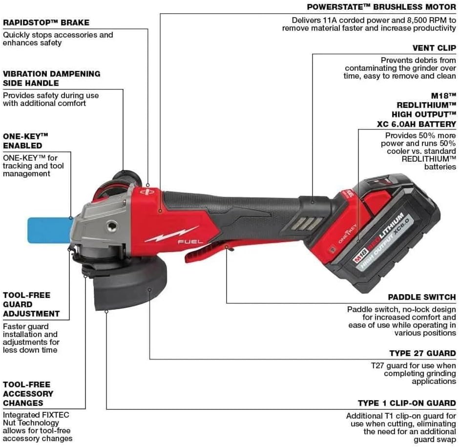 2882-22 Cordless Angle Grinder for Milwaukee M18 FUEL 18V 4-1/2' / 5' Braking Grinder w/ONE-KEY Paddle Switch - NEW