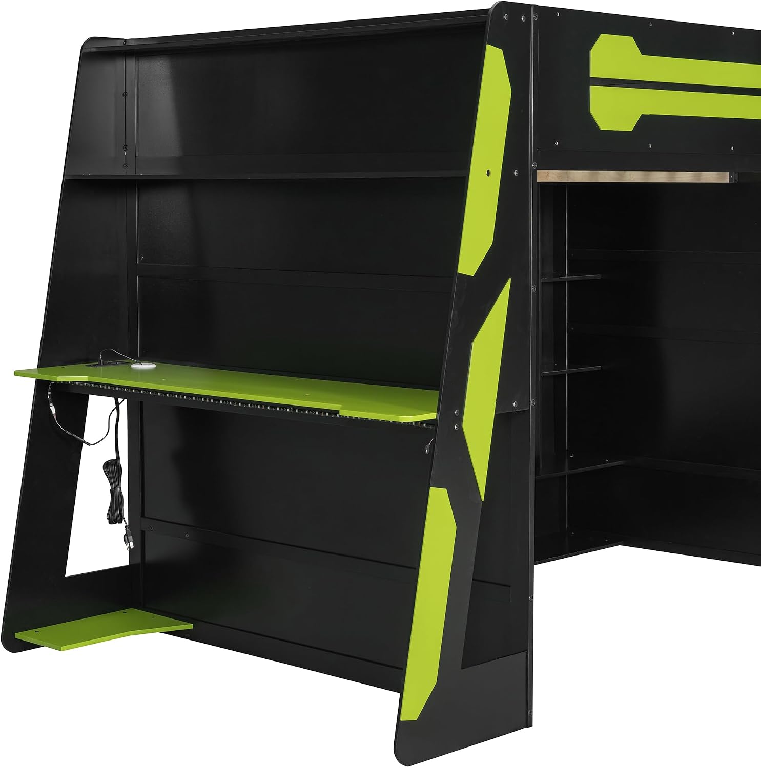 LUMISOL Full Size Gaming Loft Bed with Desk, Multi-Storage Shelves, RGB LED Lights & Built-in Charging Stations for Teens & Adults, Heavy Duty Support, Green Black