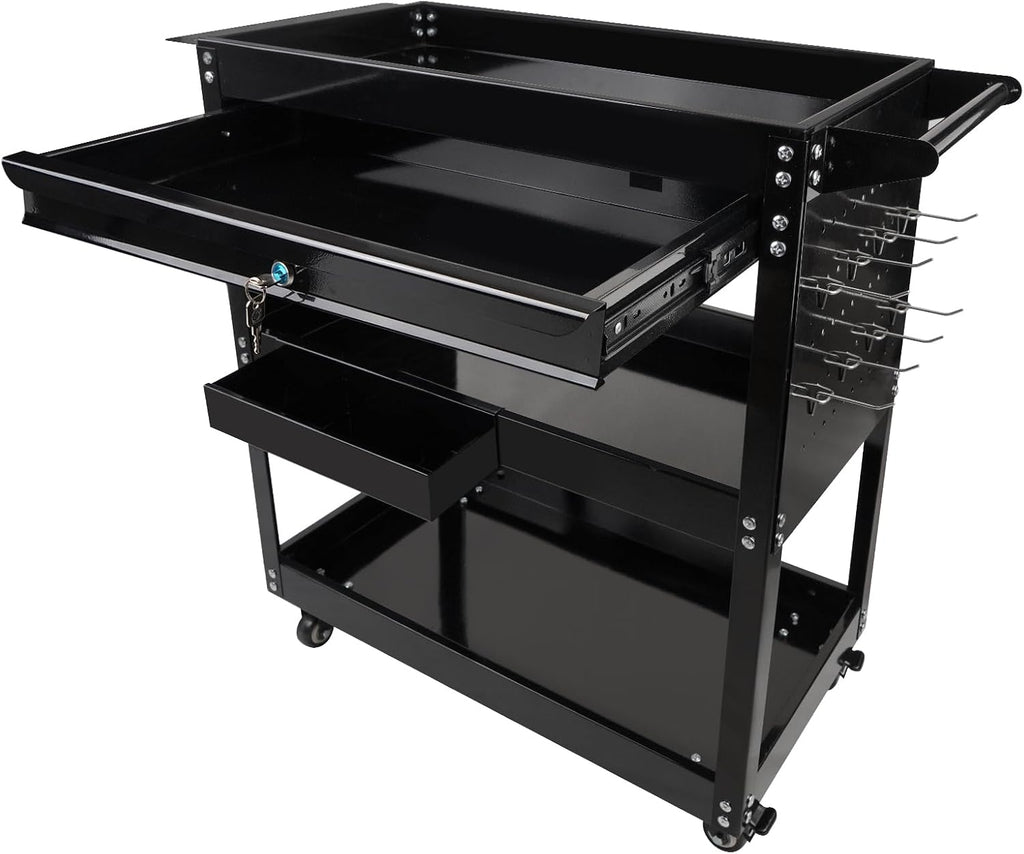 BHB 3 Tier Rolling Tool Cart Box On Wheels with Lockable Drawer, Heavy Duty Capability Tool Cart for Mechanics, Large Storage Organizer Utility Cart, for Garage Warehouse Repair Shop, 350 Lbs Load