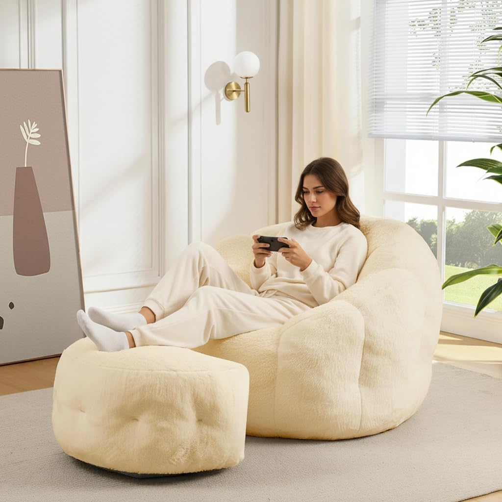 Bean Bag Chair with Ottoman, Beige Flower Bean Bag Chairs for Adults and Teens, Comfy Plush Faux Fur Reading Chair for Living Room, Bedroom, Apartment, Dorm