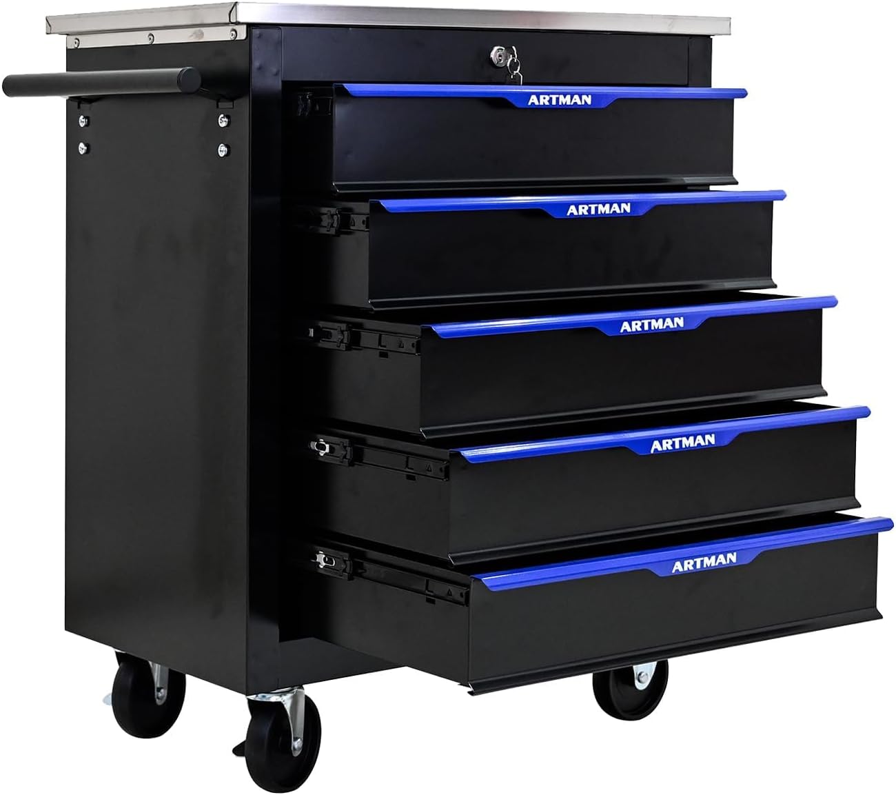 5-Drawer Heavy-Duty Rolling Steel Tool Cart with Handle&Wheels, Metal Storage Organizer Cabinet, Tool Chest for Efficient Tool Storage in Garage, Warehouse, Workshop, Repair Shop, Blue