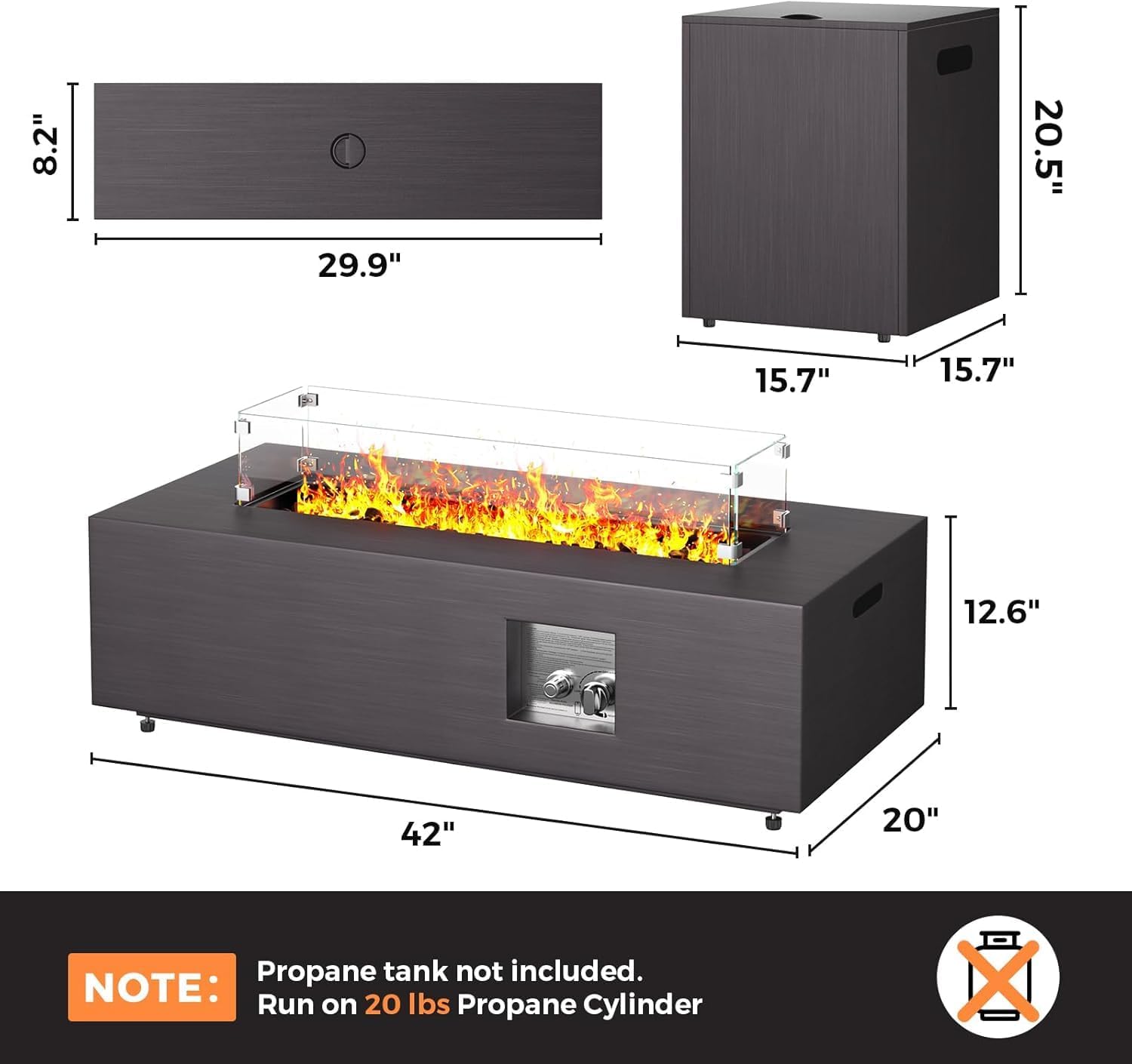 Jocoevol 42in Fire Pit Table Propane Fire Pit 2 Piece Rectangular Gas Fire Pits 50,000 BTU with Wind Guard Propane Tank Cover Table Lava Rocks for Outdoor Outside Patio