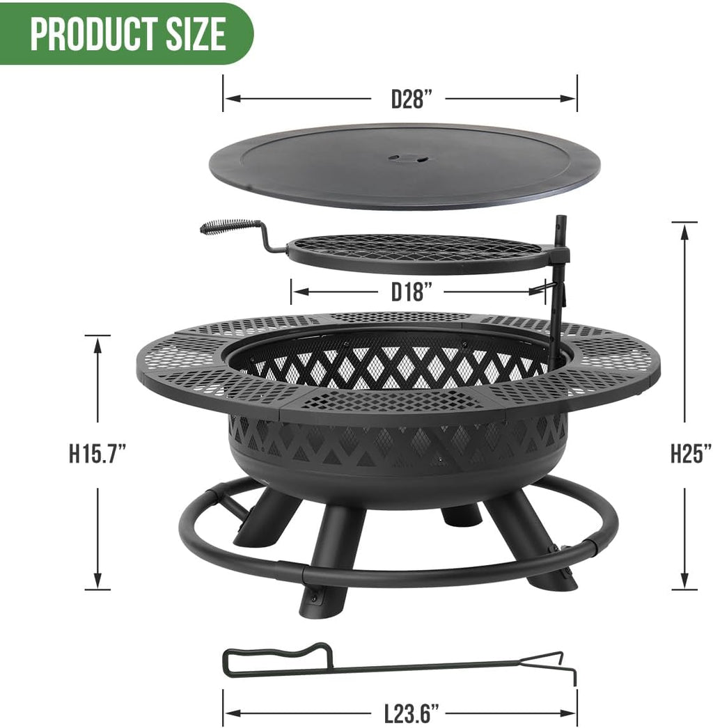 Panovue 42 Inch Outdoor Fire Pit with Grill, Large Firepit Table for Outside, Metal Round Firepits with Lid&Fire Poker,3 in 1 Wood Burning Fire Pits & Outdoor Fireplaces for Backyard,Patio(42'' Black)