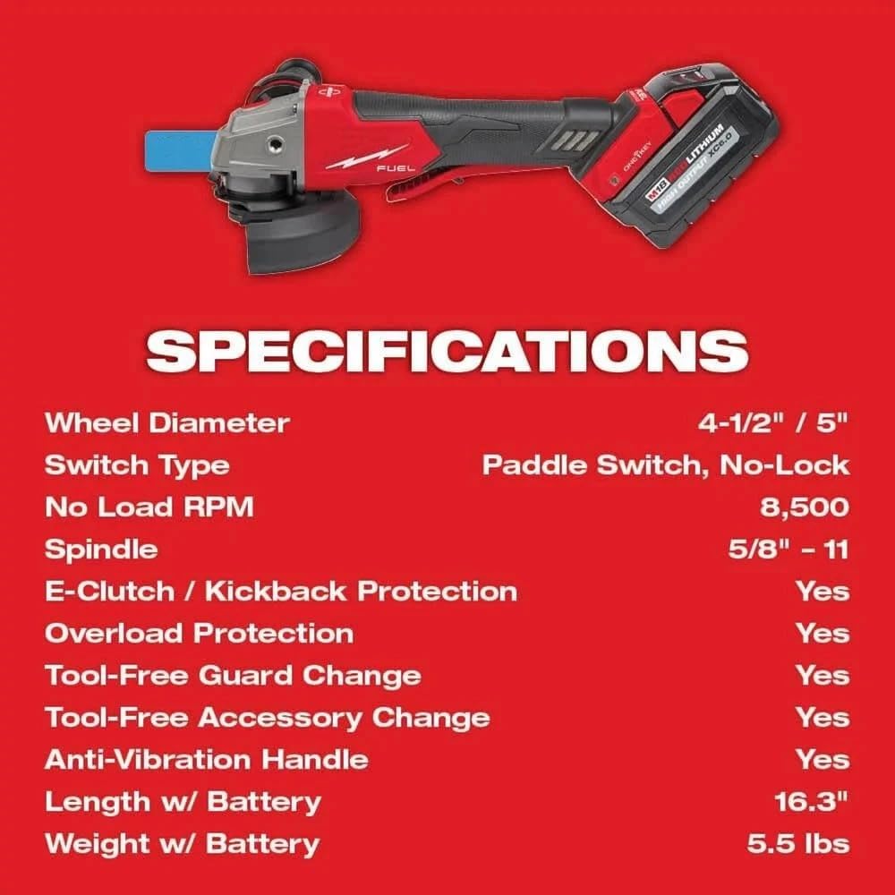 2882-22 Cordless Angle Grinder for Milwaukee M18 FUEL 18V 4-1/2' / 5' Braking Grinder w/ONE-KEY Paddle Switch - NEW