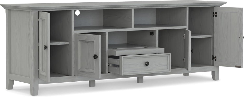 SIMPLIHOME Amherst TV Stand - 72 inch Wide Solid Wood Media Console in Fog Grey, Transitional Entertainment Center for Living Room for TVs up to 80 Inches with Shelves and Cable Management