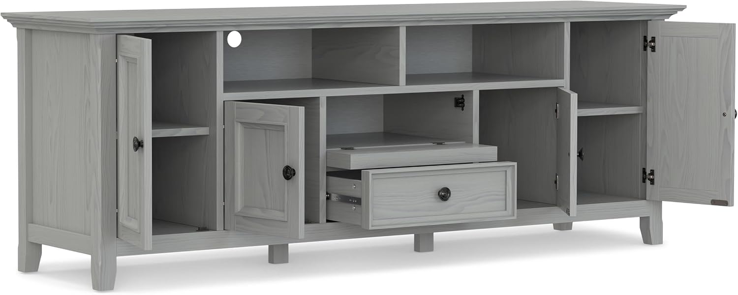 SIMPLIHOME Amherst TV Stand - 72 inch Wide Solid Wood Media Console in Fog Grey, Transitional Entertainment Center for Living Room for TVs up to 80 Inches with Shelves and Cable Management