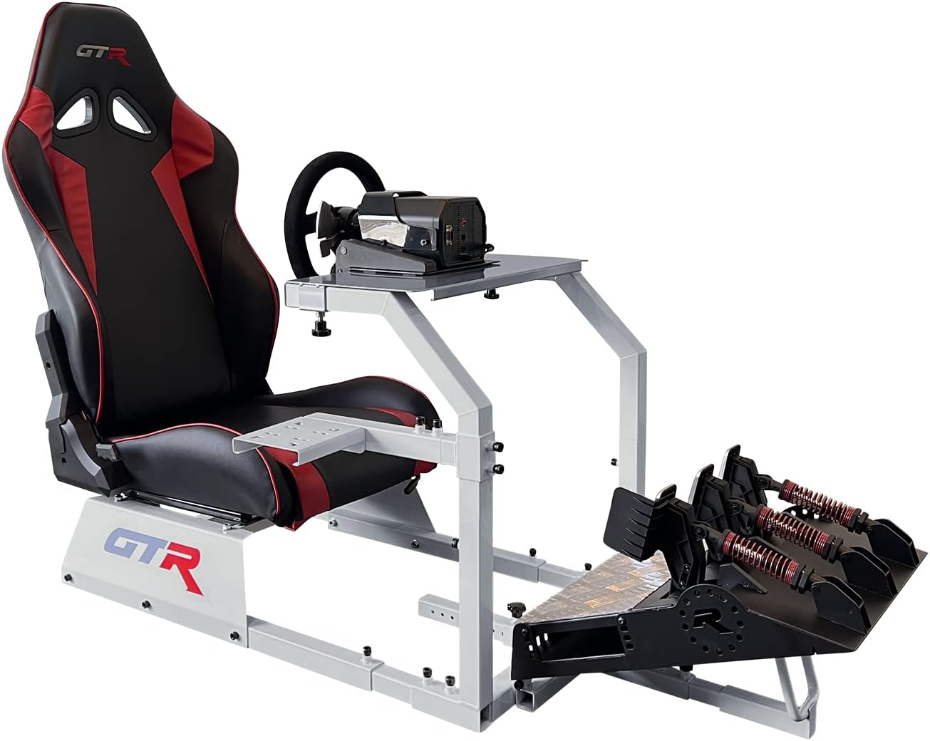 GTR Simulator GTA Model Silver Frame with Adjustable Leatherette Racing Seat Gaming Simulator Cockpit Chair | RS30 Wheel | V3 Pedal Setup (GTA with RS30 Wheel & V3 3-Pedal Setup)