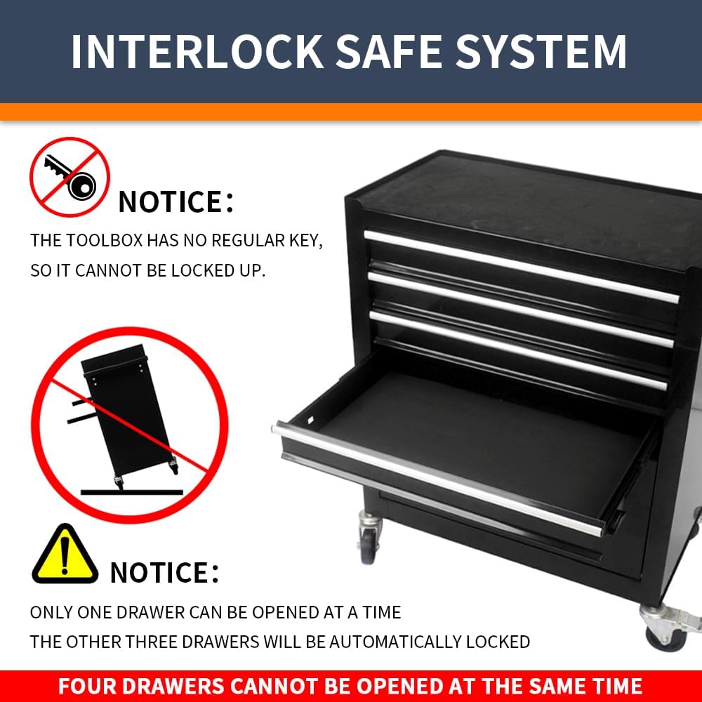 4-Drawer Tool Cart on Wheels, Rolling Tool Box，Heavy Duty Utility Industrial Service Cart Storage Organizer with Locking System, for Mechanic, Warehouse, Garage, Workshop