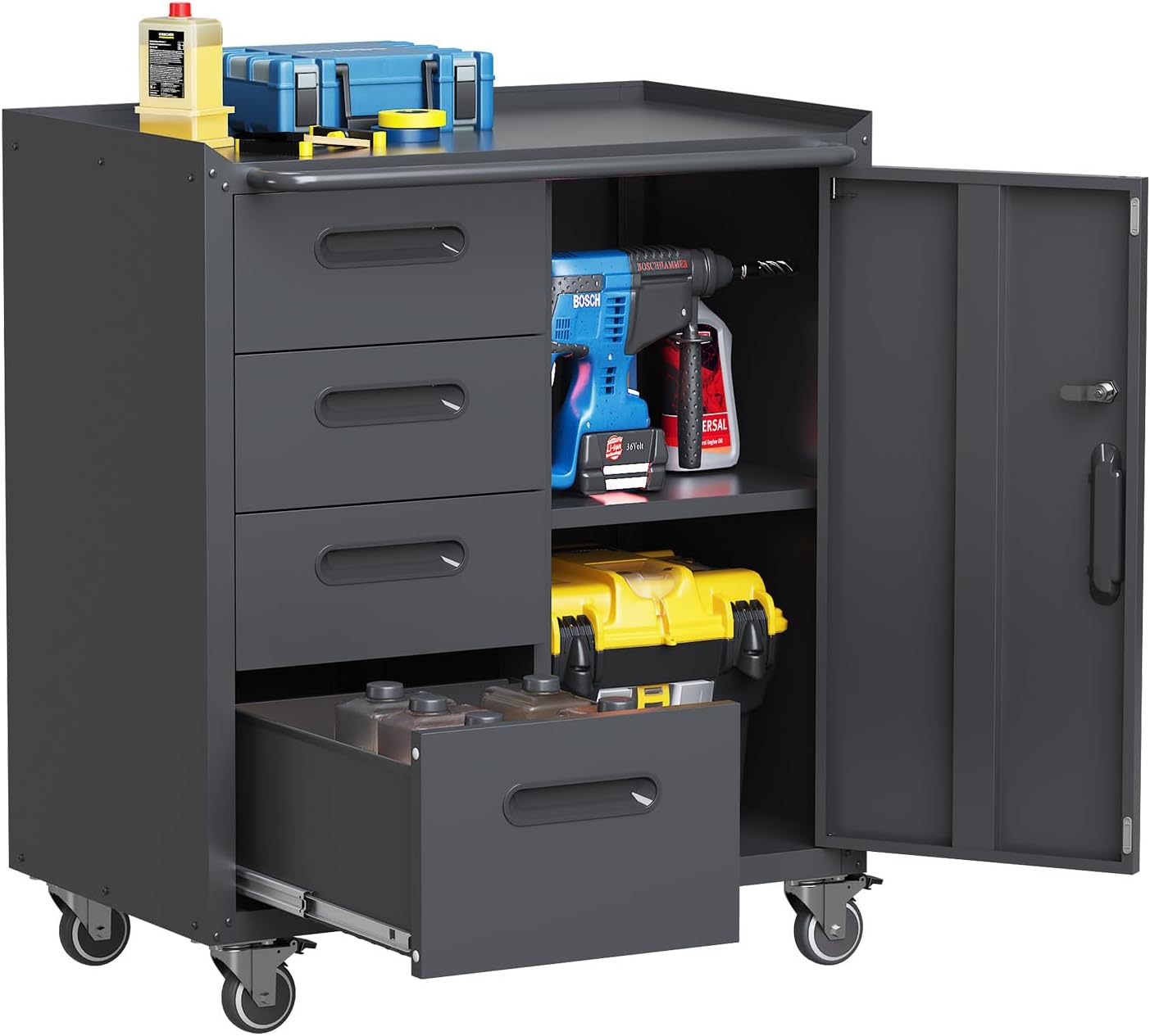 4-Drawer Rolling Tool Chest, Metal Tool Storage Cabinet on Wheels, Heavy Duty Tool Cart with Lockable Door & Handle, Mobile Toolbox Steel Locker for Garage, Home, Workshop, Warehouse, Black
